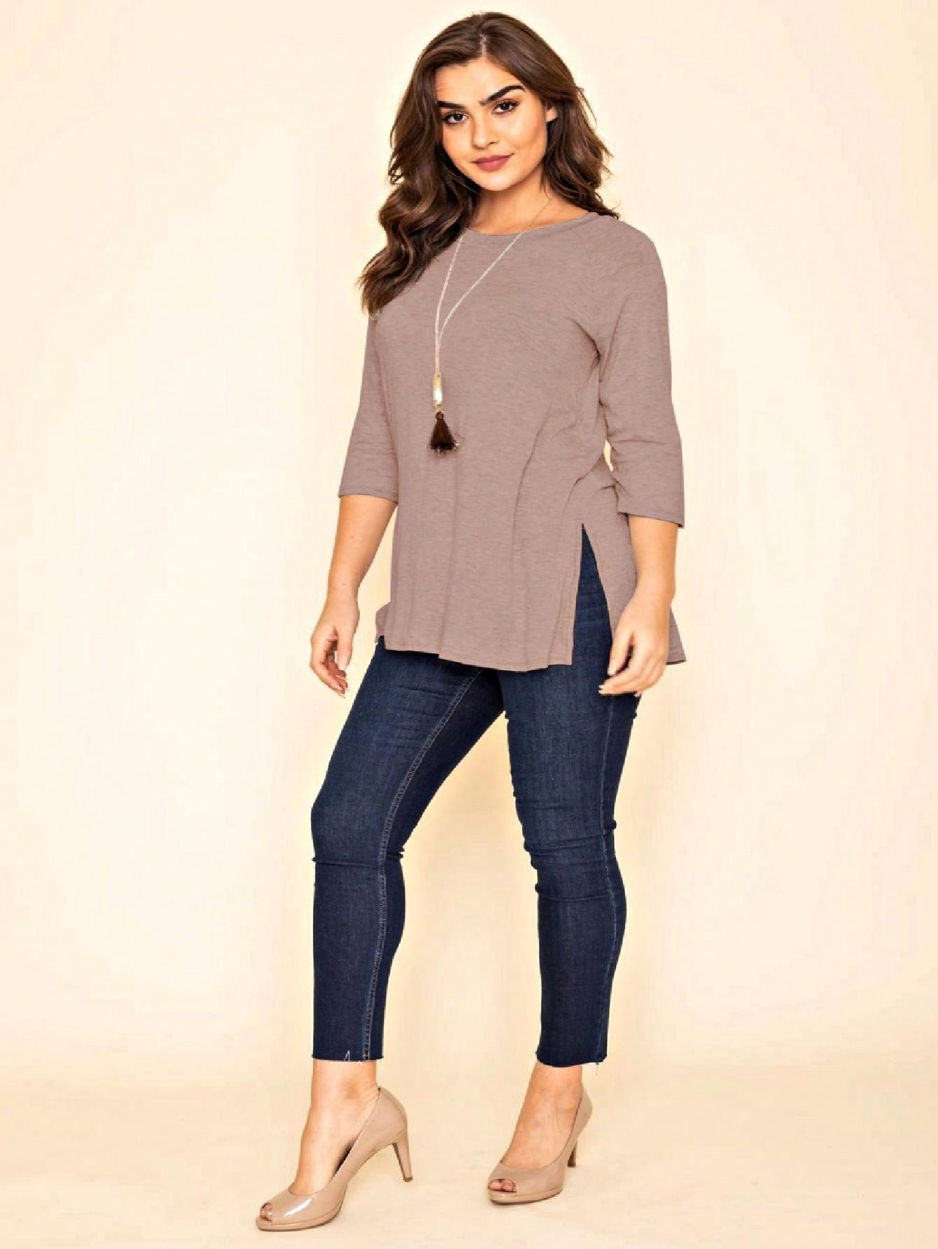 Boho Retro Solid Color Side Slit Quarter Sleeve High And Low Raglan Pleated Back  Rayon Soft Top Shirt Blouse | Small-3 XL