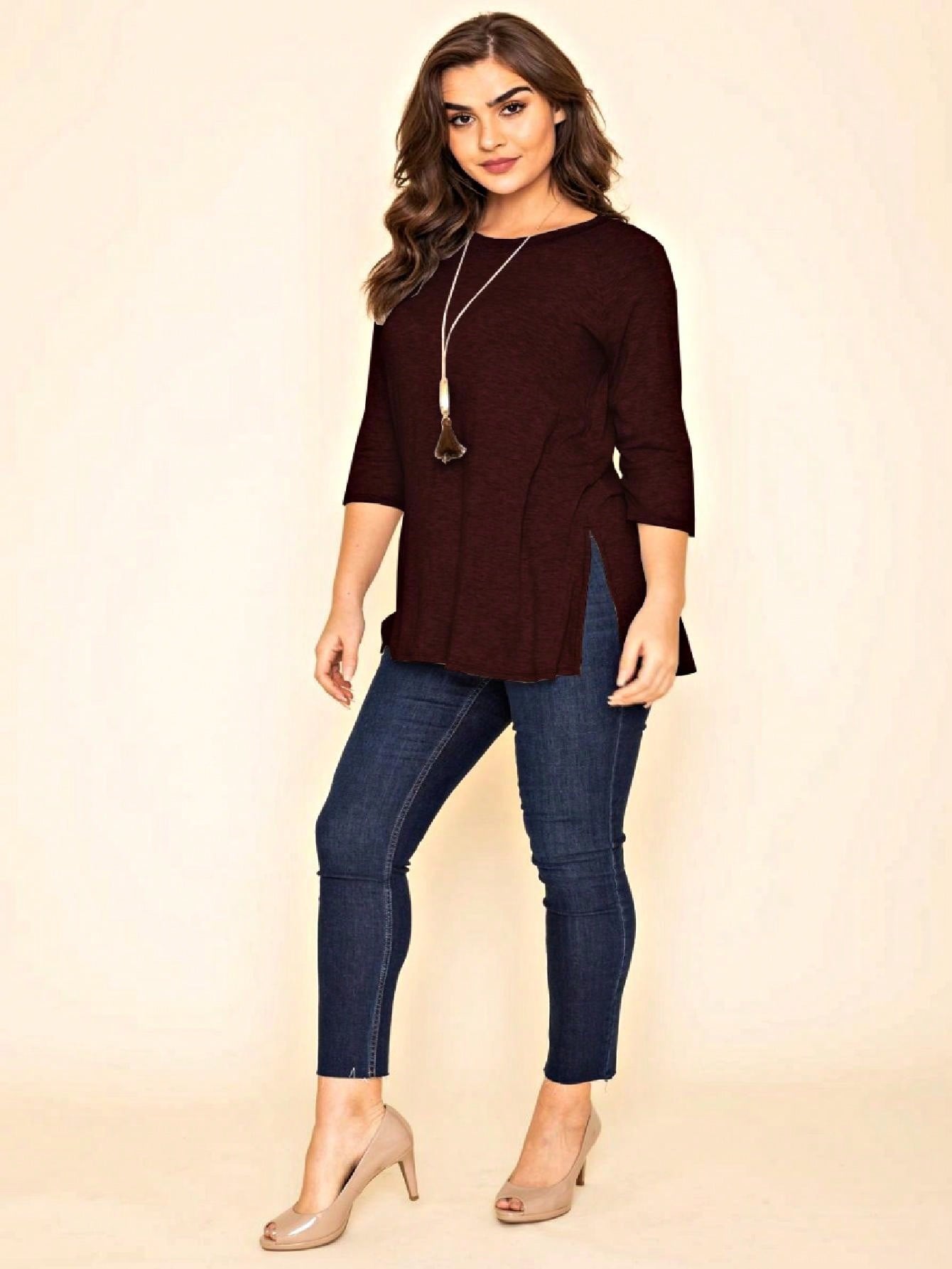 Boho Retro Solid Color Side Slit Quarter Sleeve High And Low Raglan Pleated Back  Rayon Soft Top Shirt Blouse | Small-3 XL