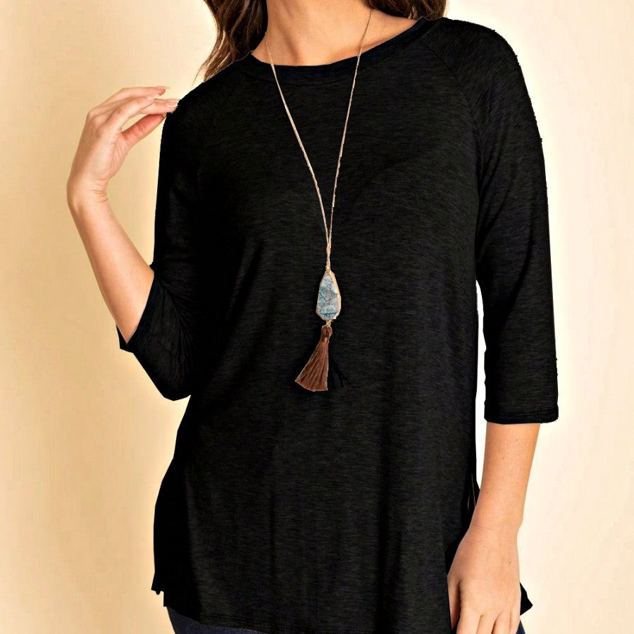 Boho Retro Solid Color Side Slit Quarter Sleeve High And Low Raglan Pleated Back  Rayon Soft Top Shirt Blouse | Small-3 XL