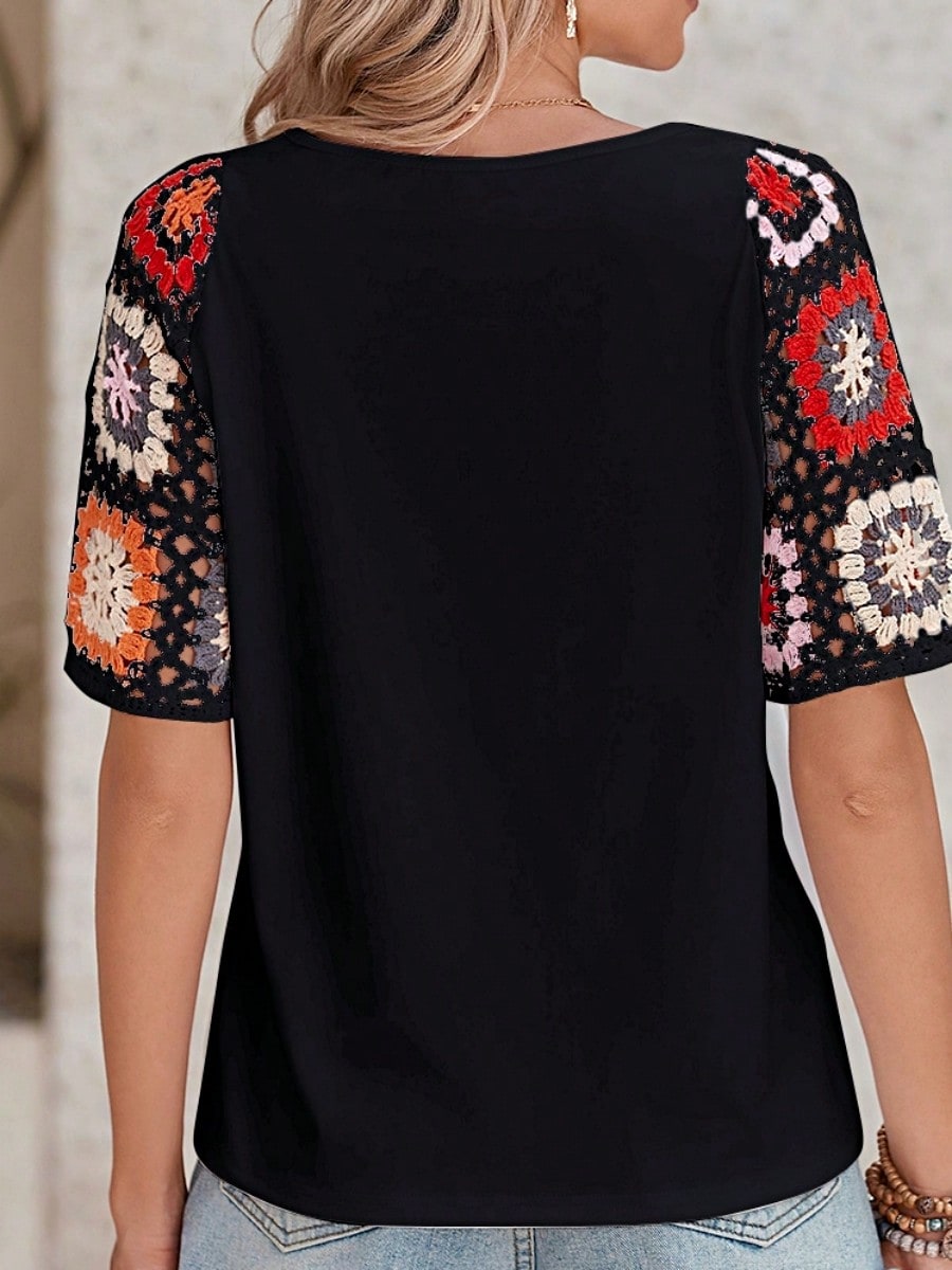 Boho Retro 60's Crochet Hollowed Patch Work Mix  Half Sleeve Black Crew Neck Top Shirt Blouse