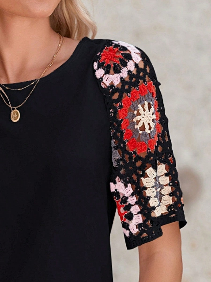 Boho Retro 60's Crochet Hollowed Patch Work Mix  Half Sleeve Black Crew Neck Top Shirt Blouse