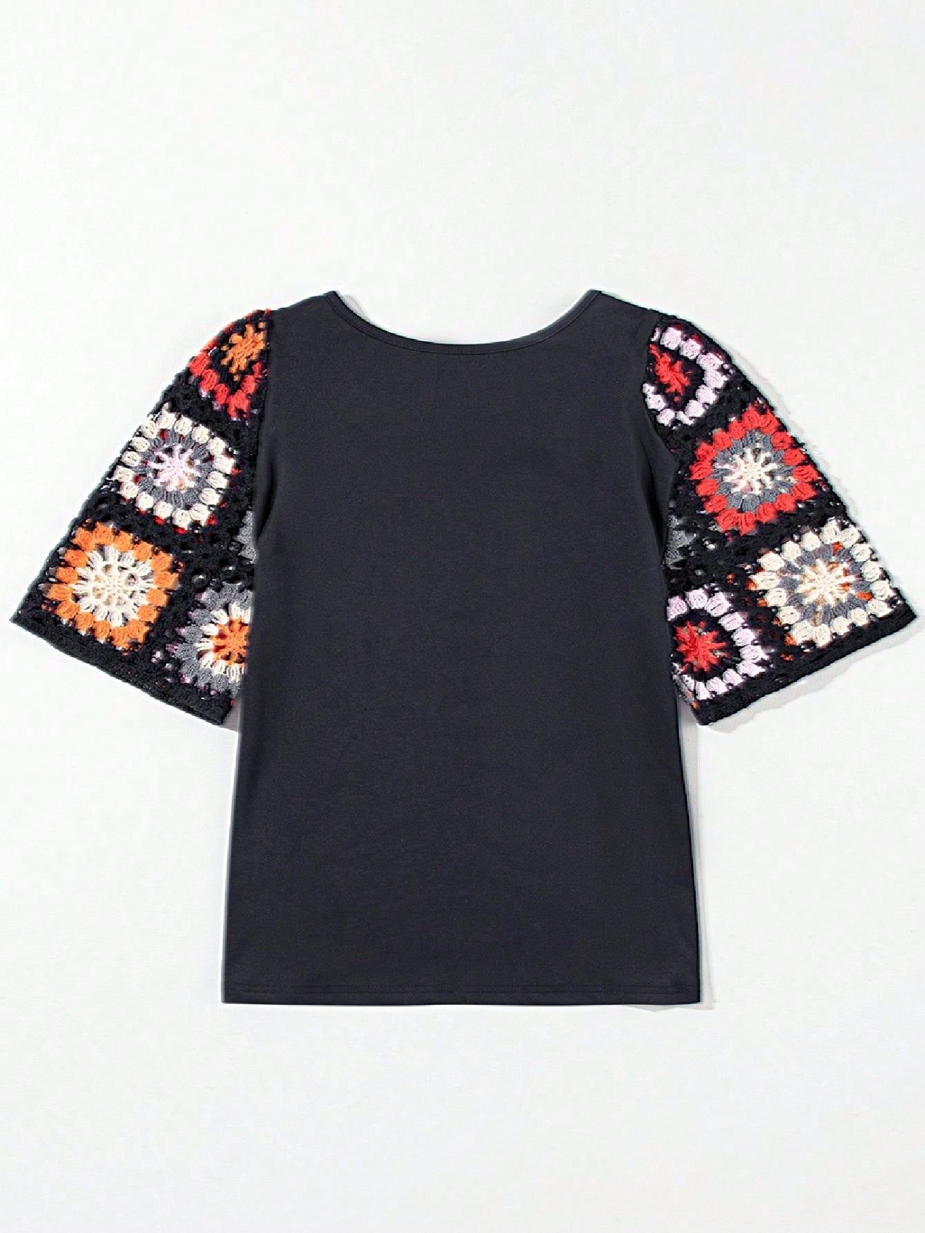 Boho Retro 60's Crochet Hollowed Patch Work Mix  Half Sleeve Black Crew Neck Top Shirt Blouse