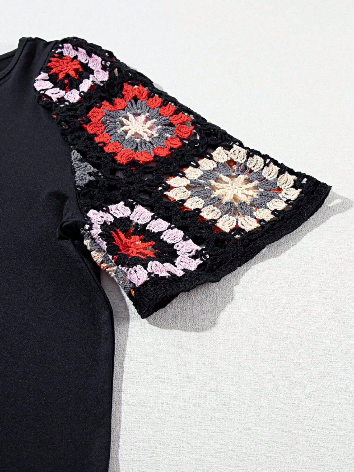 Boho Retro 60's Crochet Hollowed Patch Work Mix  Half Sleeve Black Crew Neck Top Shirt Blouse