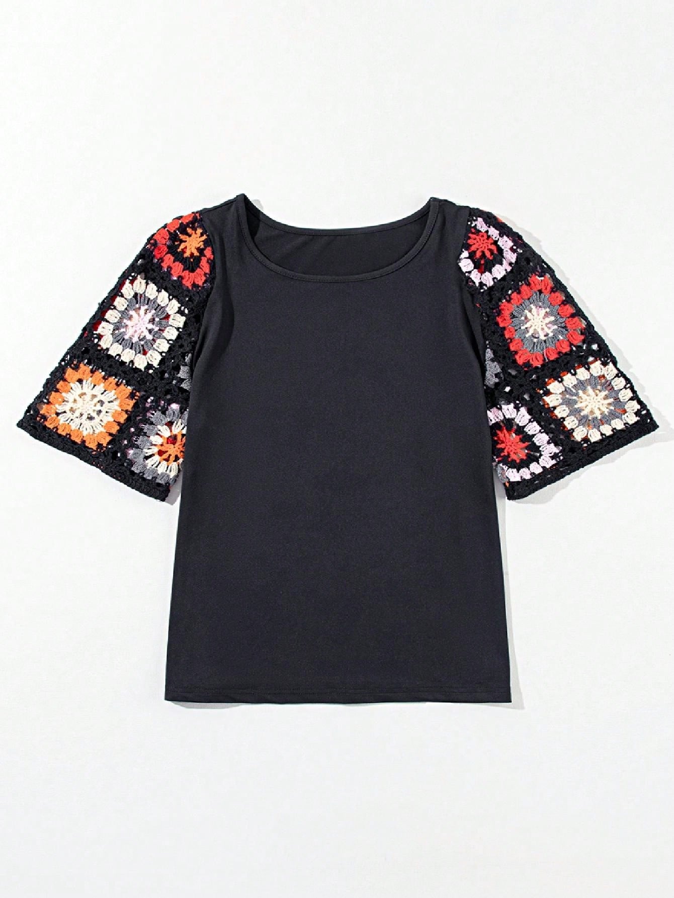 Boho Retro 60's Crochet Hollowed Patch Work Mix  Half Sleeve Black Crew Neck Top Shirt Blouse