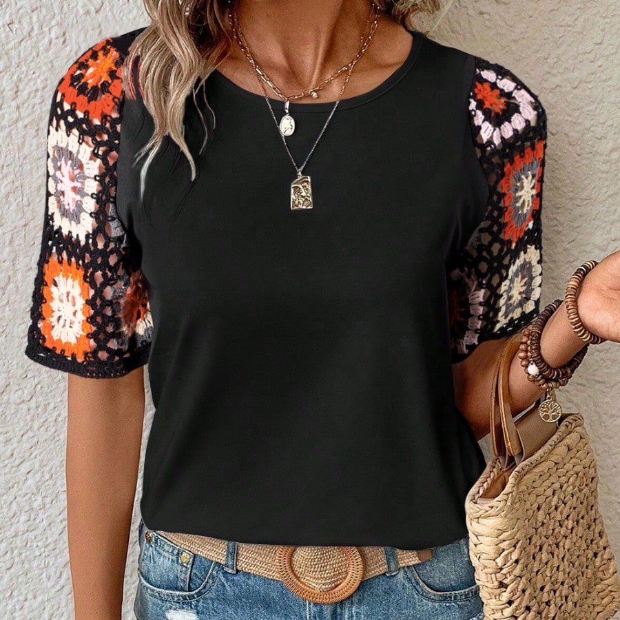 Boho Retro 60's Crochet Hollowed Patch Work Mix  Half Sleeve Black Crew Neck Top Shirt Blouse