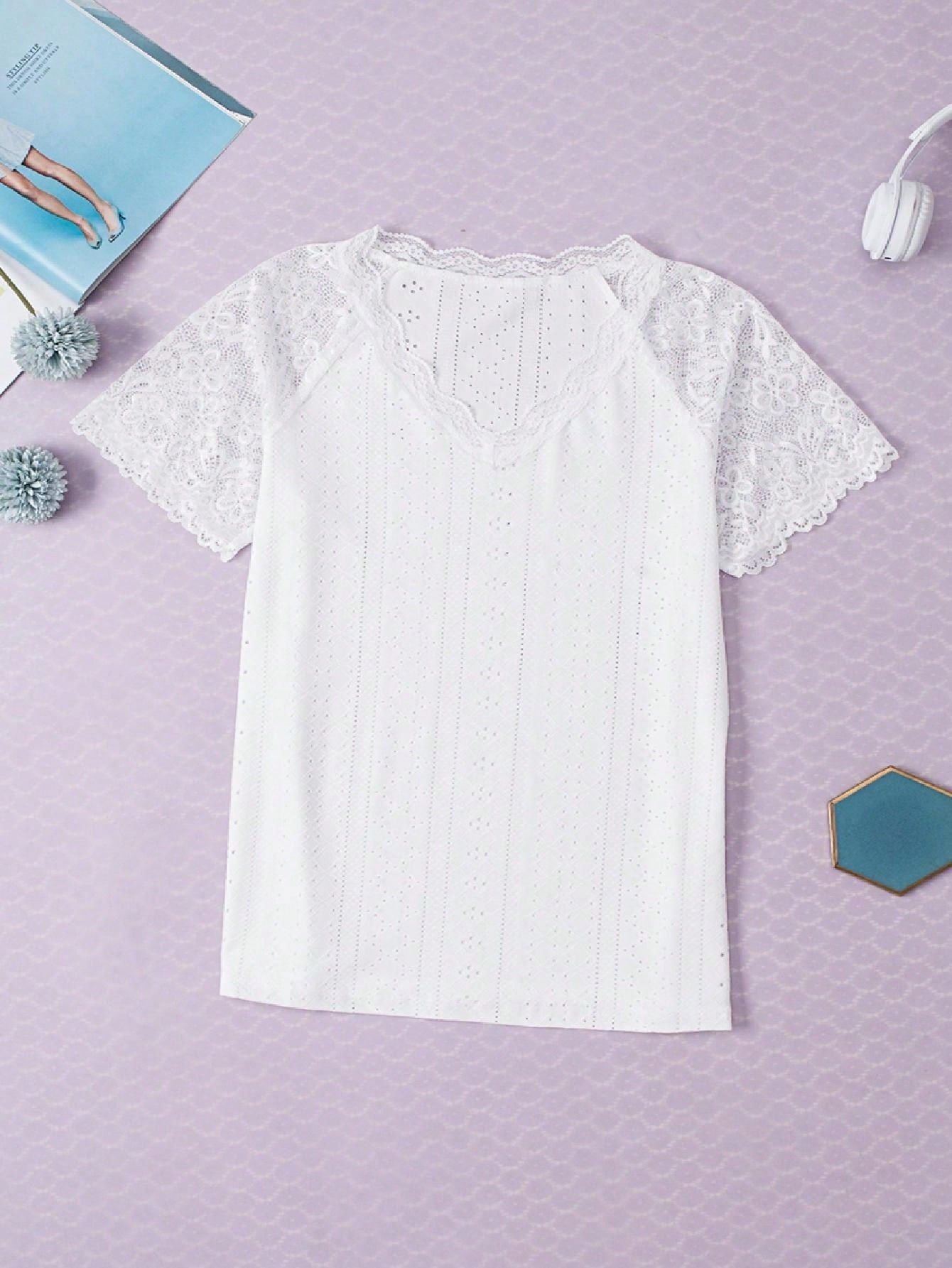 Boho Retro Lace V Neck Eyelet Raglan  Tunic Top Shirt