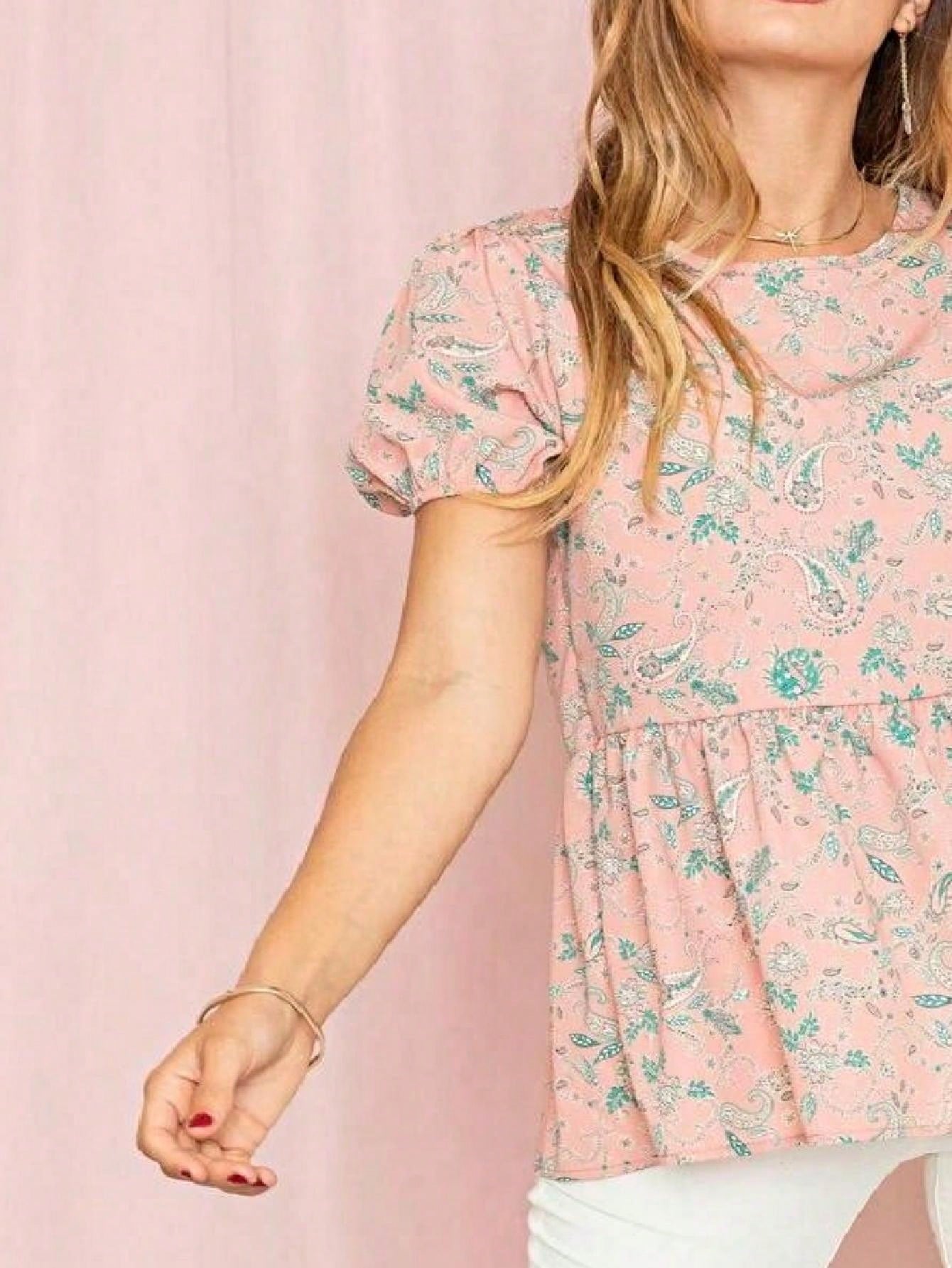 Summer Peplum Paisley Bishop Lantern Puff Sleeve Crew Neck Cute Baby Doll Top Blouse Breathable Shirt , Small To Plus Extended Size