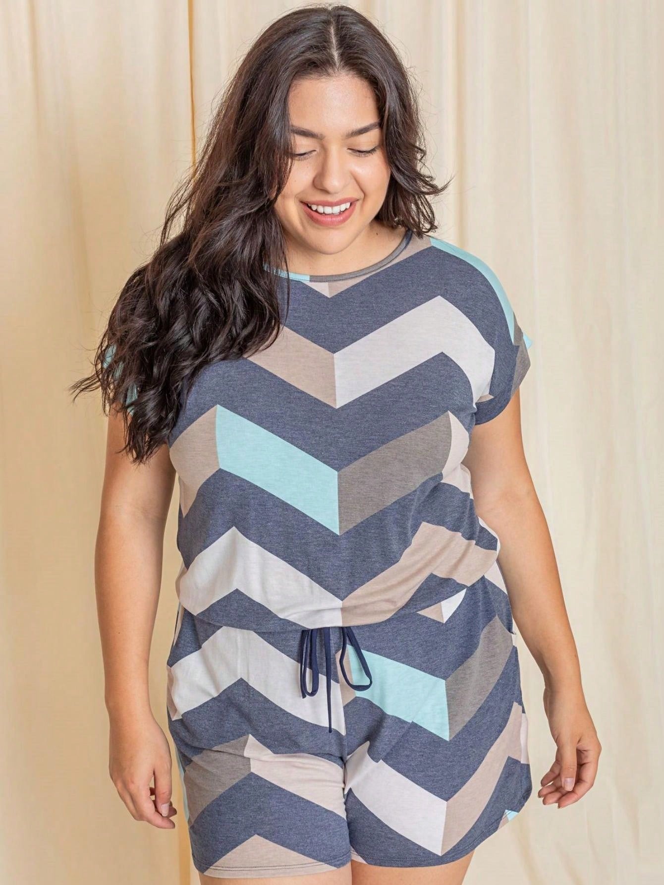 Boho Retro 60's Chevron Zig Zag Drawstring Jumpsuit Romper With Pocket Cuffed Sleeve 4" Inseam Shorts