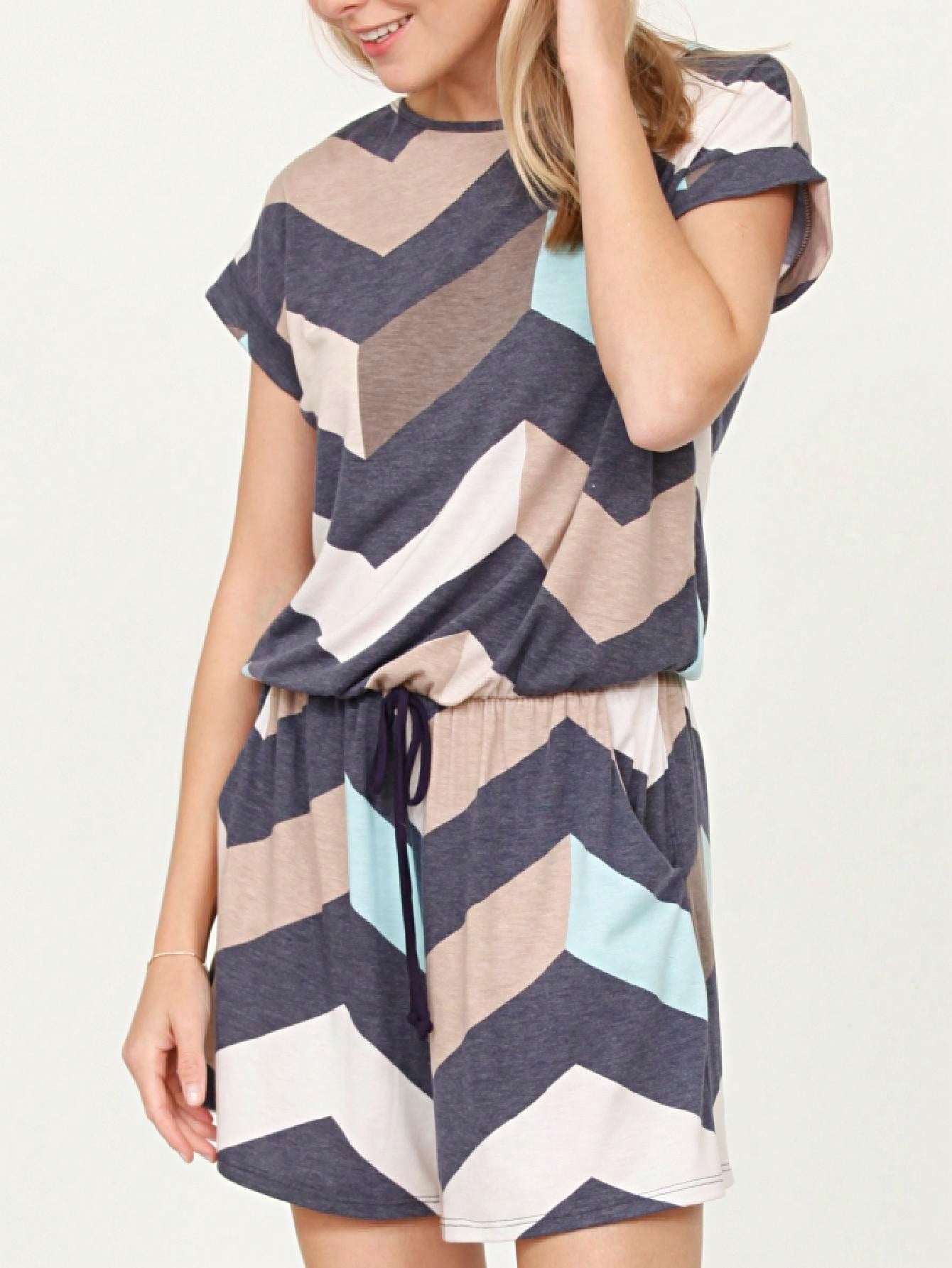 Boho Retro 60's Chevron Zig Zag Drawstring Jumpsuit Romper With Pocket Cuffed Sleeve 4" Inseam Shorts