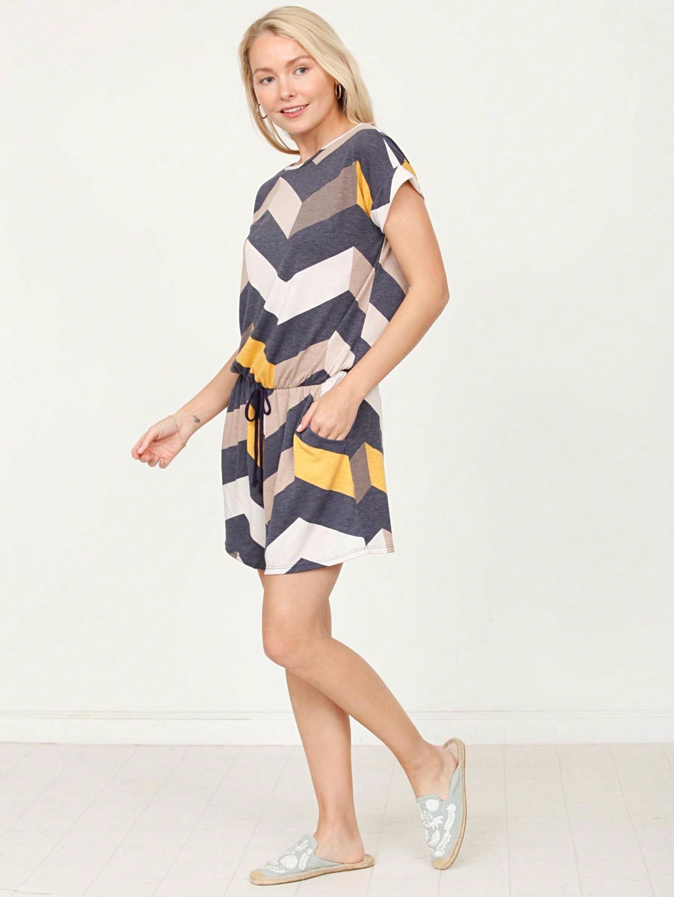 Boho Retro 60's Chevron Zig Zag Drawstring Jumpsuit Romper With Pocket Cuffed Sleeve 4" Inseam Shorts