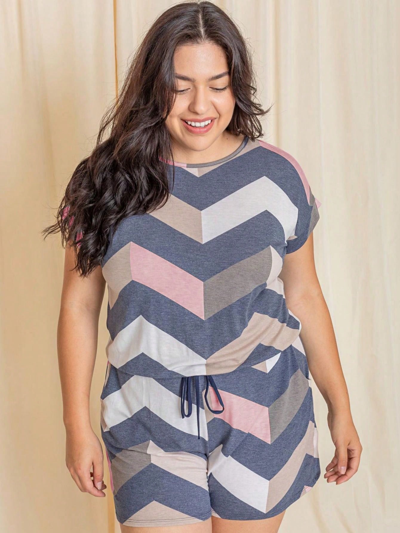 Boho Retro 60's Chevron Zig Zag Drawstring Jumpsuit Romper With Pocket Cuffed Sleeve 4" Inseam Shorts