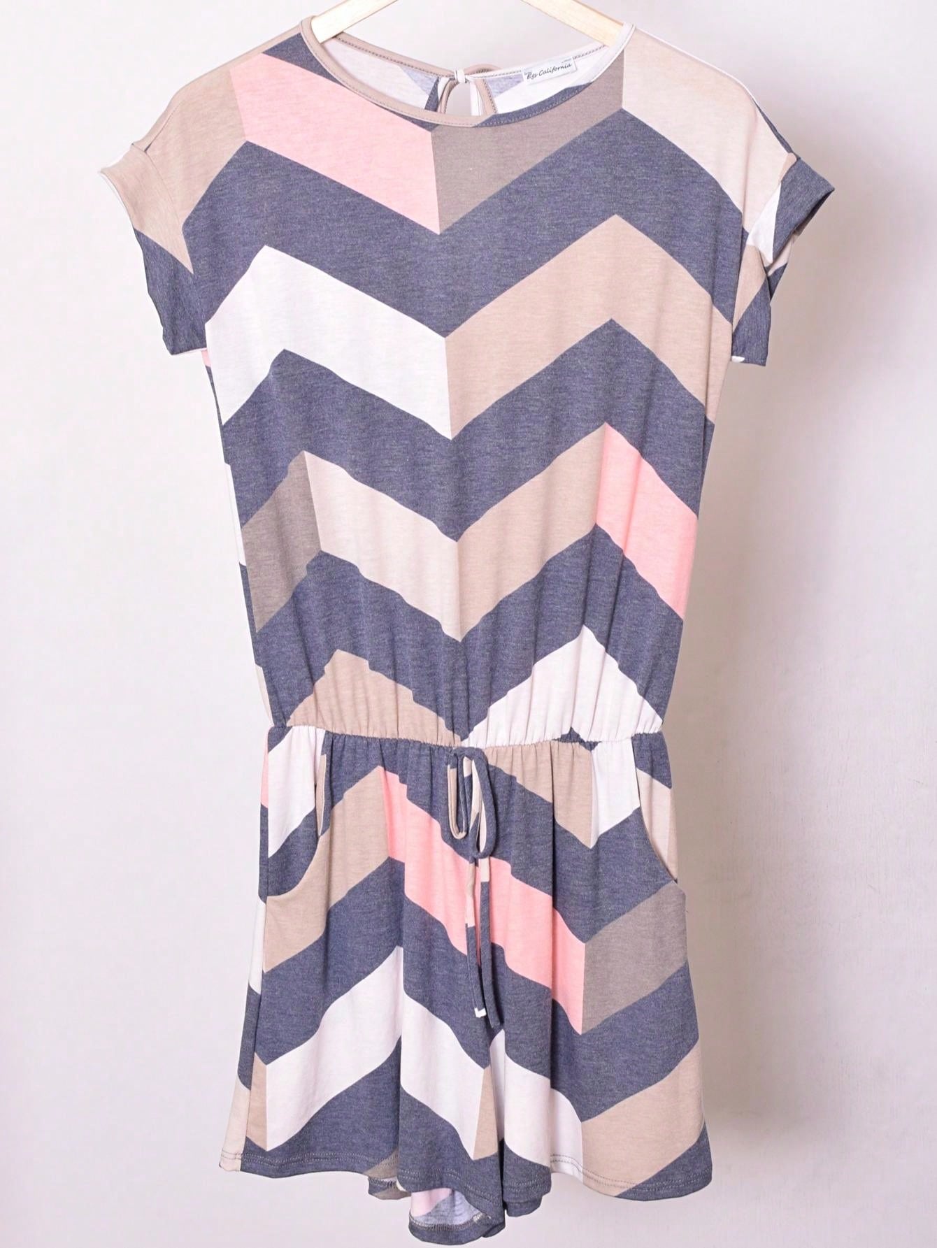 Boho Retro 60's Chevron Zig Zag Drawstring Jumpsuit Romper With Pocket Cuffed Sleeve 4" Inseam Shorts