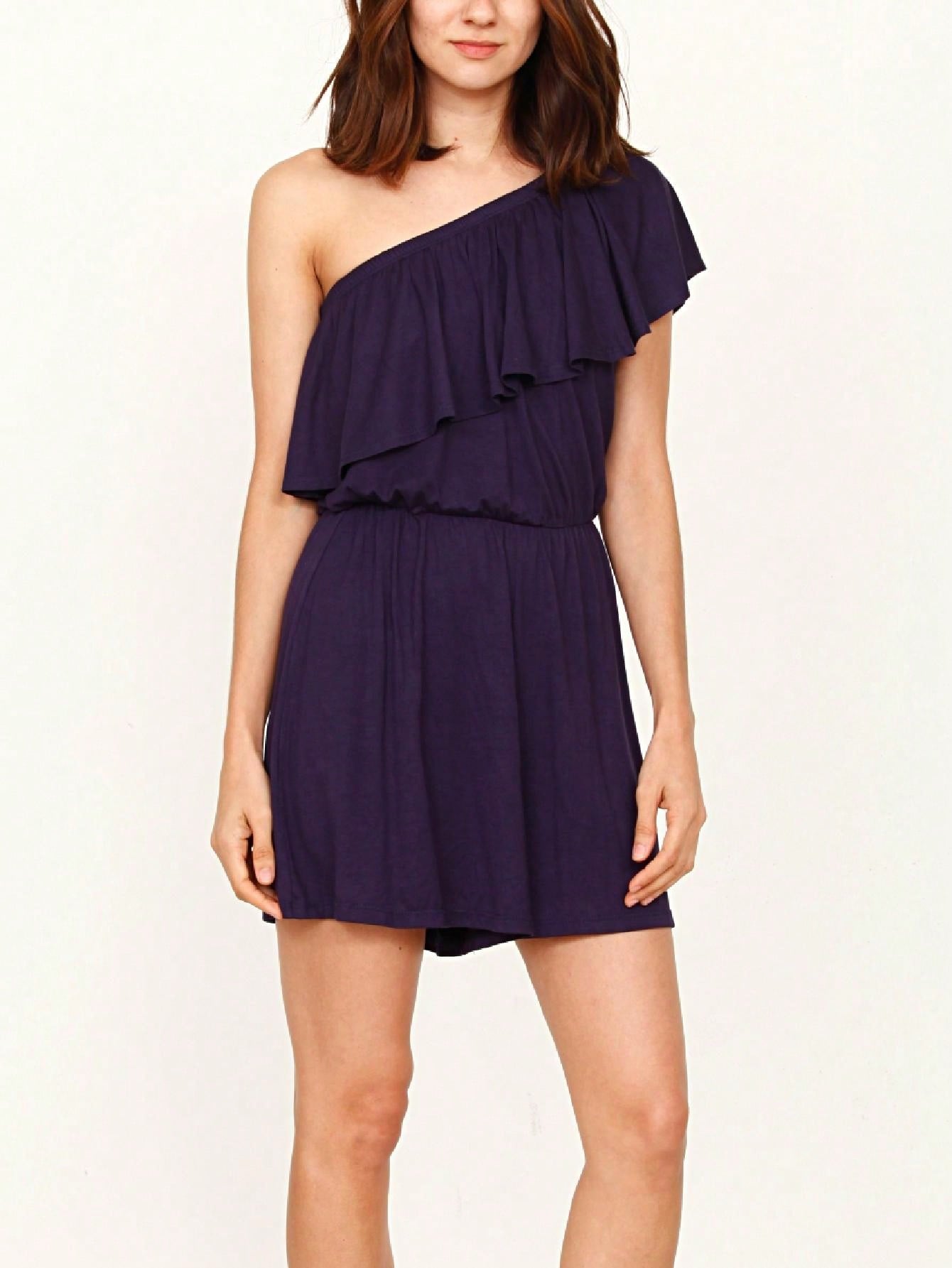 Boho Retro Casual Grey Navy Black Rayon Romper Jumpsuit One Shoulder Ruffle