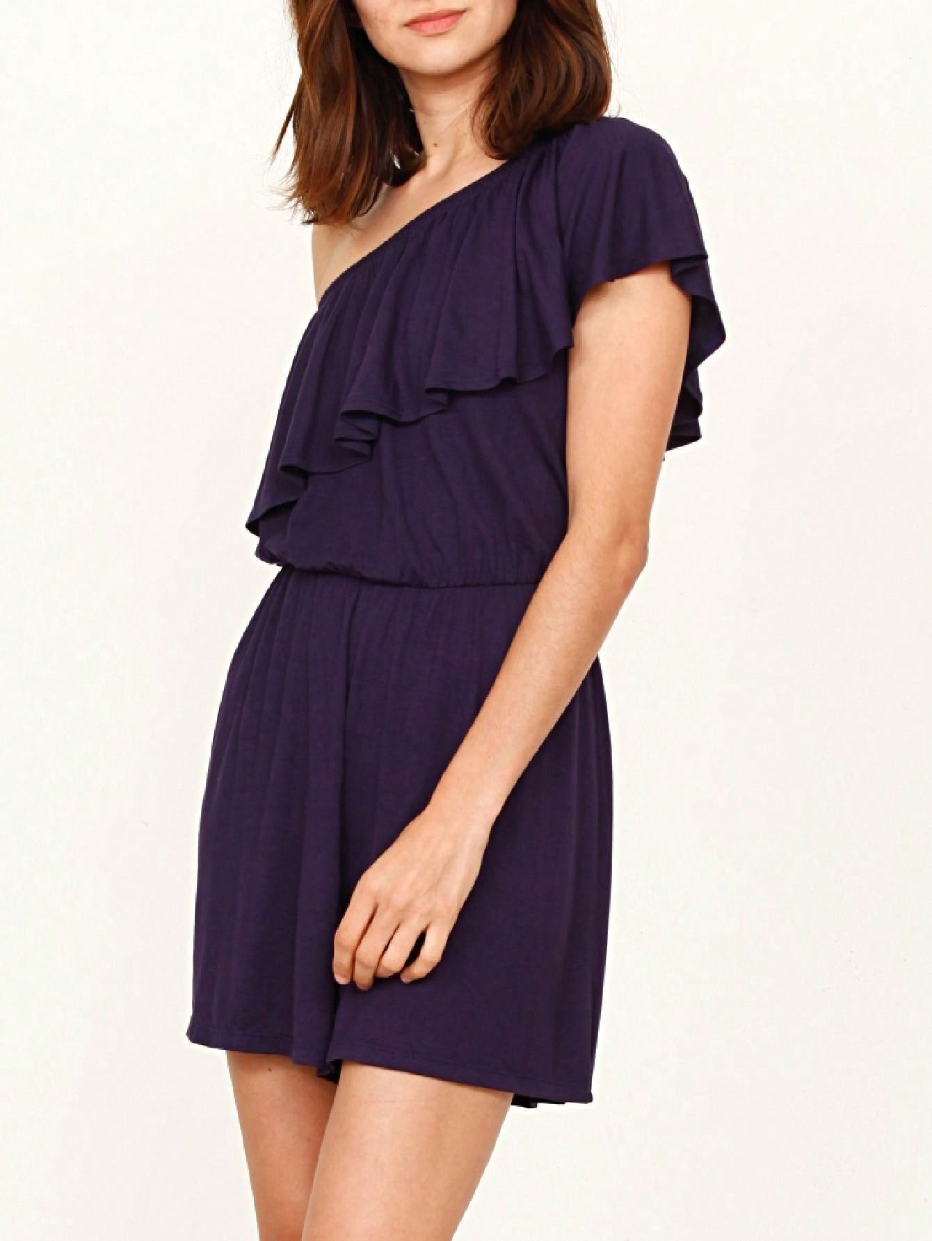 Boho Retro Casual Grey Navy Black Rayon Romper Jumpsuit One Shoulder Ruffle