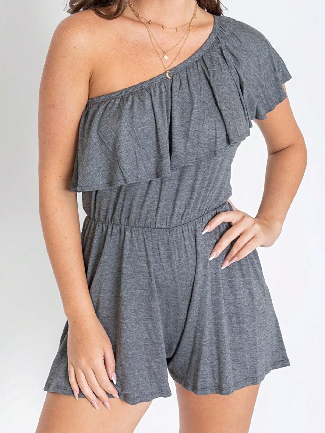 Boho Retro Casual Grey Navy Black Rayon Romper Jumpsuit One Shoulder Ruffle