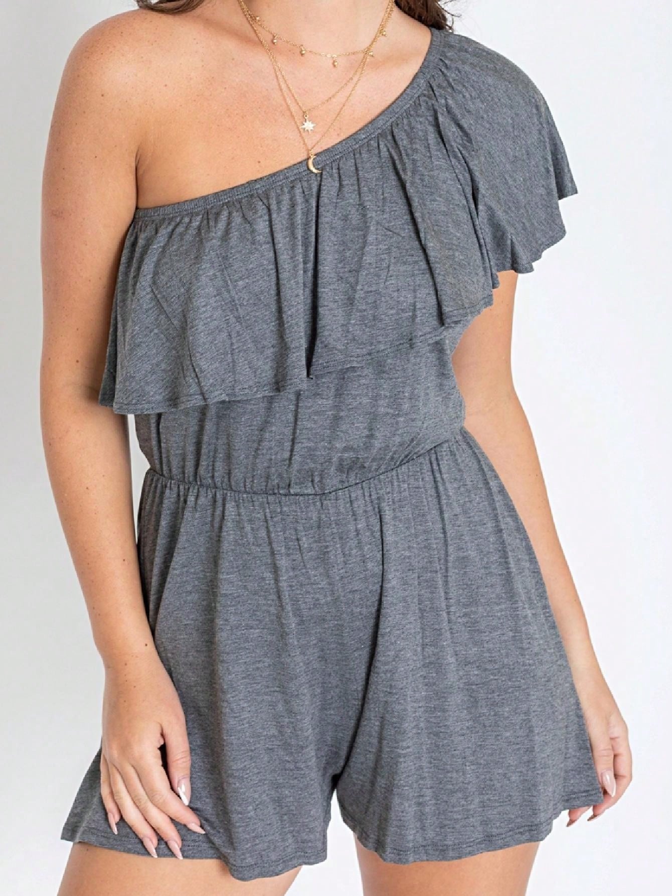 Boho Retro Casual Grey Navy Black Rayon Romper Jumpsuit One Shoulder Ruffle