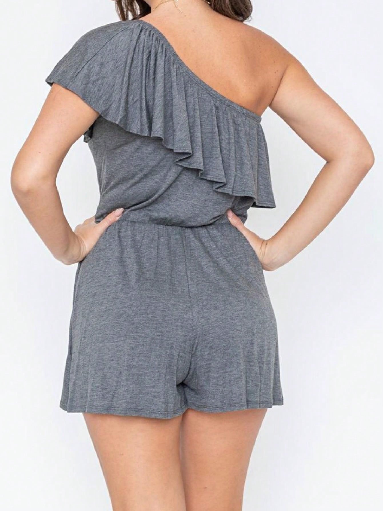 Boho Retro Casual Grey Navy Black Rayon Romper Jumpsuit One Shoulder Ruffle