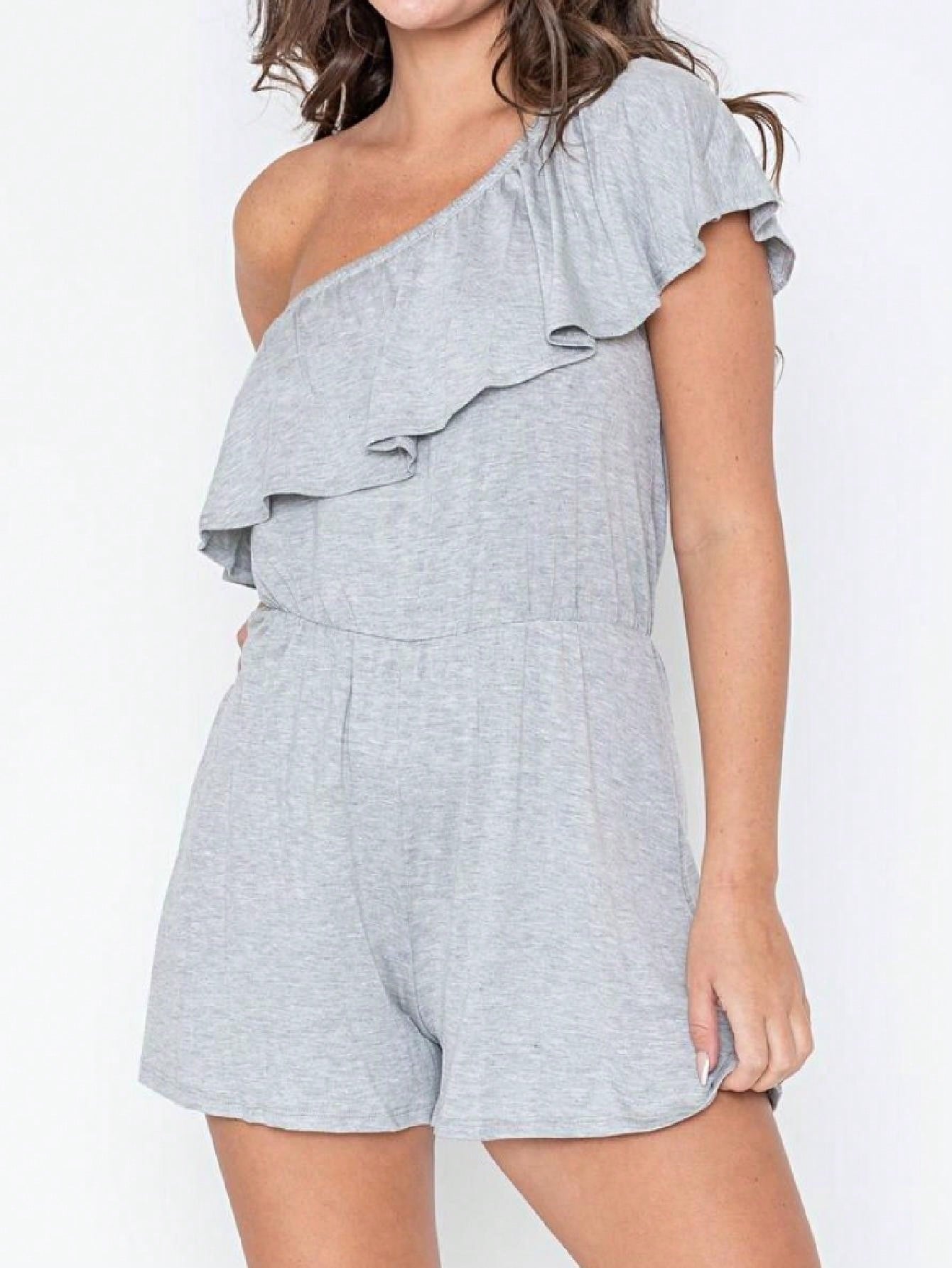 Boho Retro Casual Grey Navy Black Rayon Romper Jumpsuit One Shoulder Ruffle
