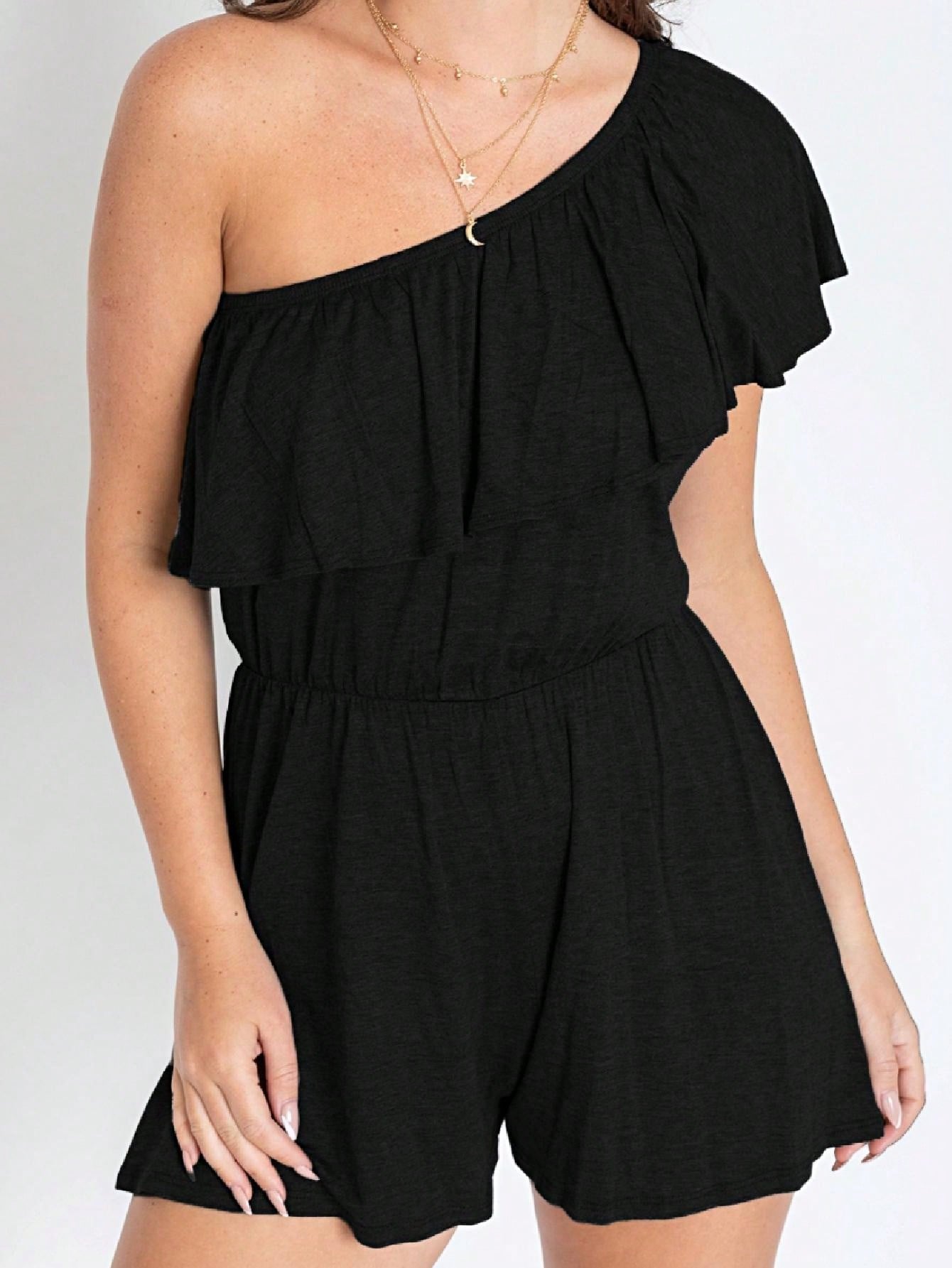 Boho Retro Casual Grey Navy Black Rayon Romper Jumpsuit One Shoulder Ruffle