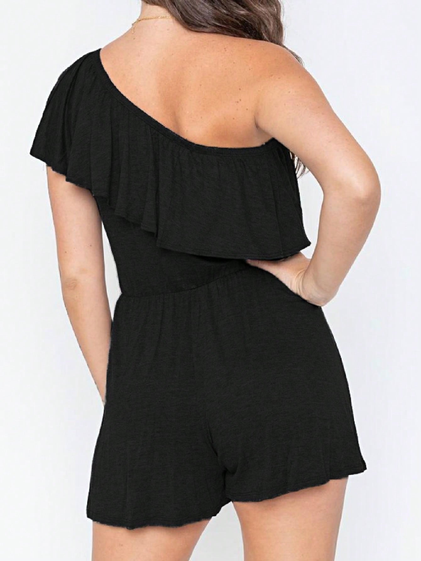 Boho Retro Casual Grey Navy Black Rayon Romper Jumpsuit One Shoulder Ruffle