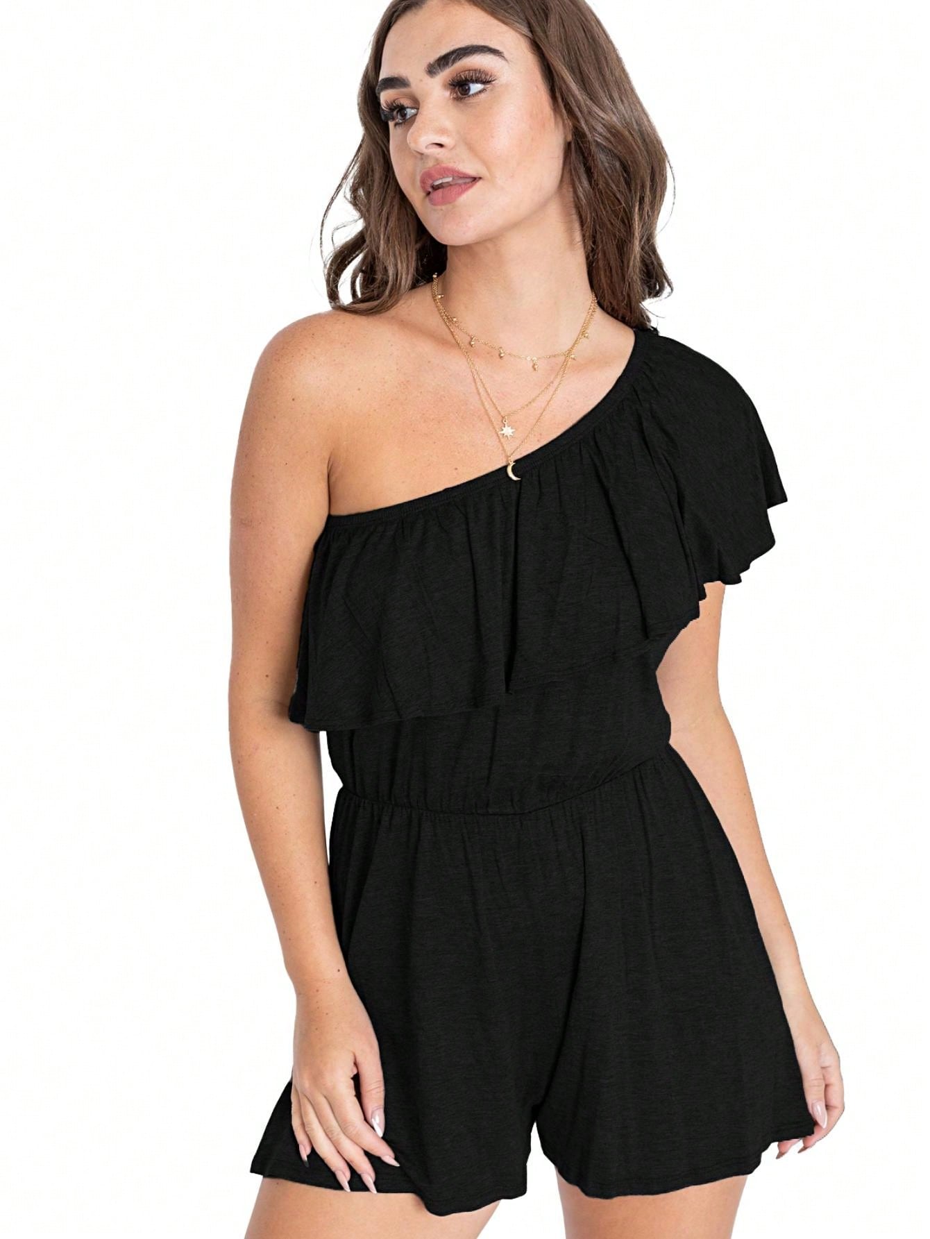 Boho Retro Casual Grey Navy Black Rayon Romper Jumpsuit One Shoulder Ruffle