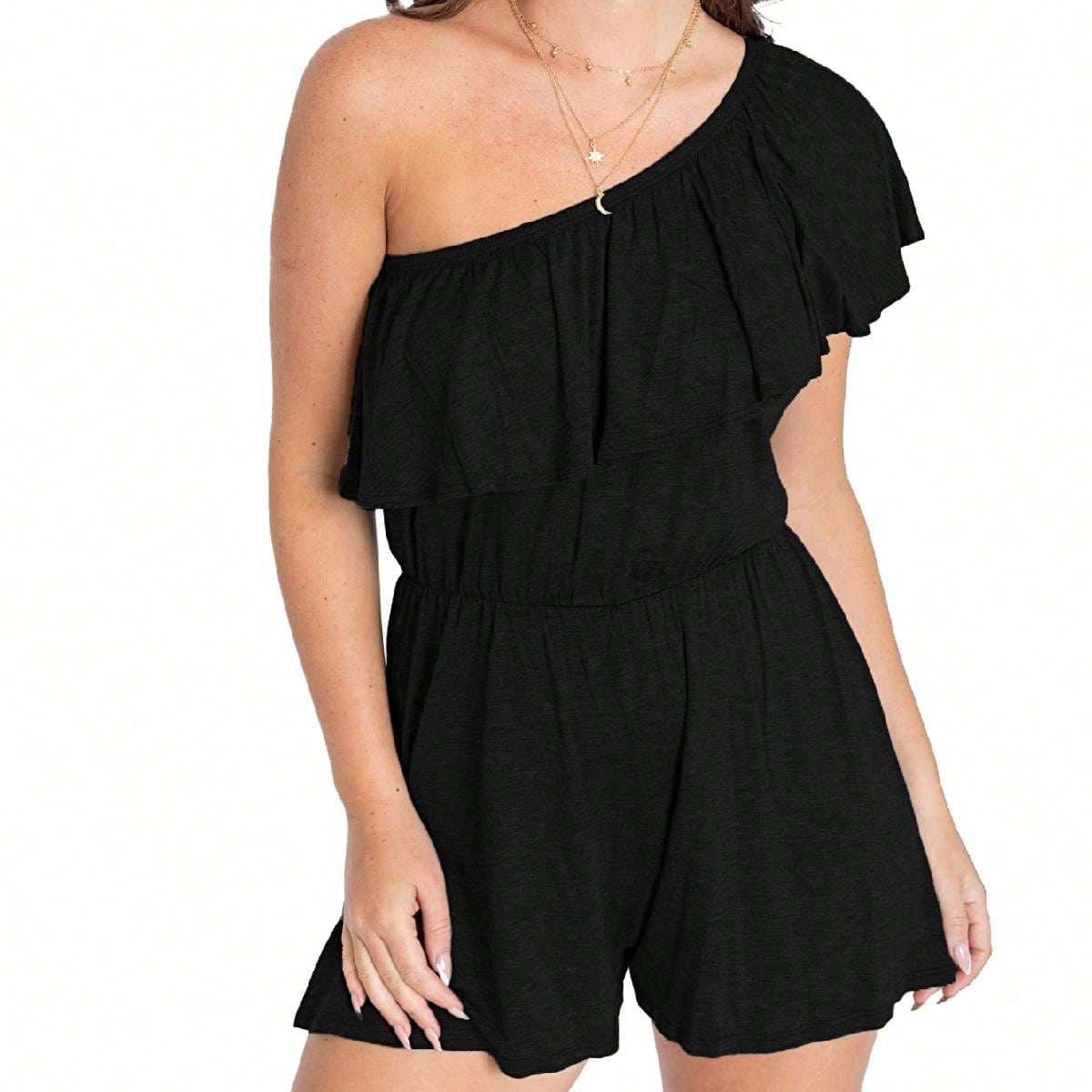 Boho Retro Casual Grey Navy Black Rayon Romper Jumpsuit One Shoulder Ruffle