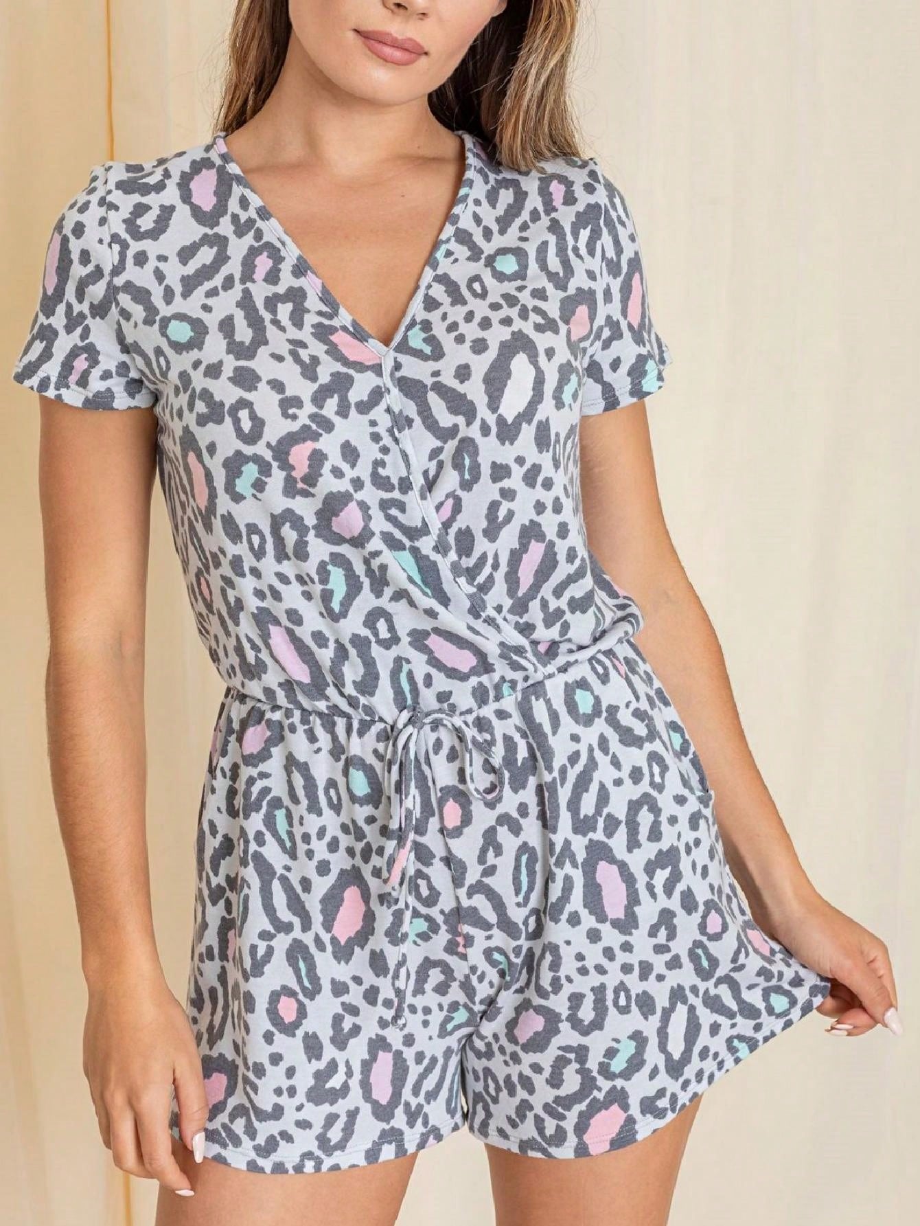 Boho Retro Casual Animal Floral Leopard  Print Pink Brown Grey White Ivory  Romper Short Sleeve V-Neck Surplice Jumpsuit