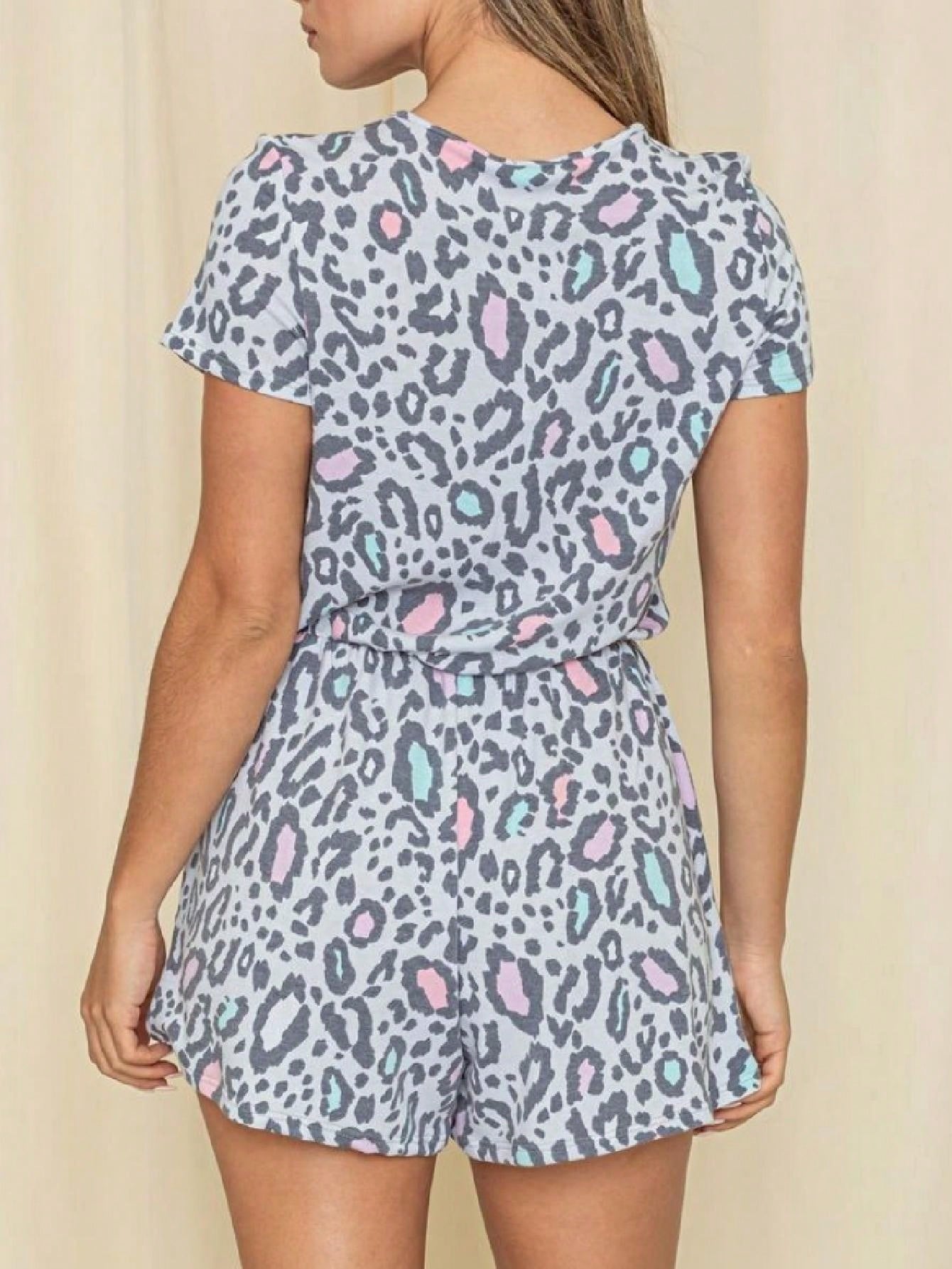 Boho Retro Casual Animal Floral Leopard  Print Pink Brown Grey White Ivory  Romper Short Sleeve V-Neck Surplice Jumpsuit