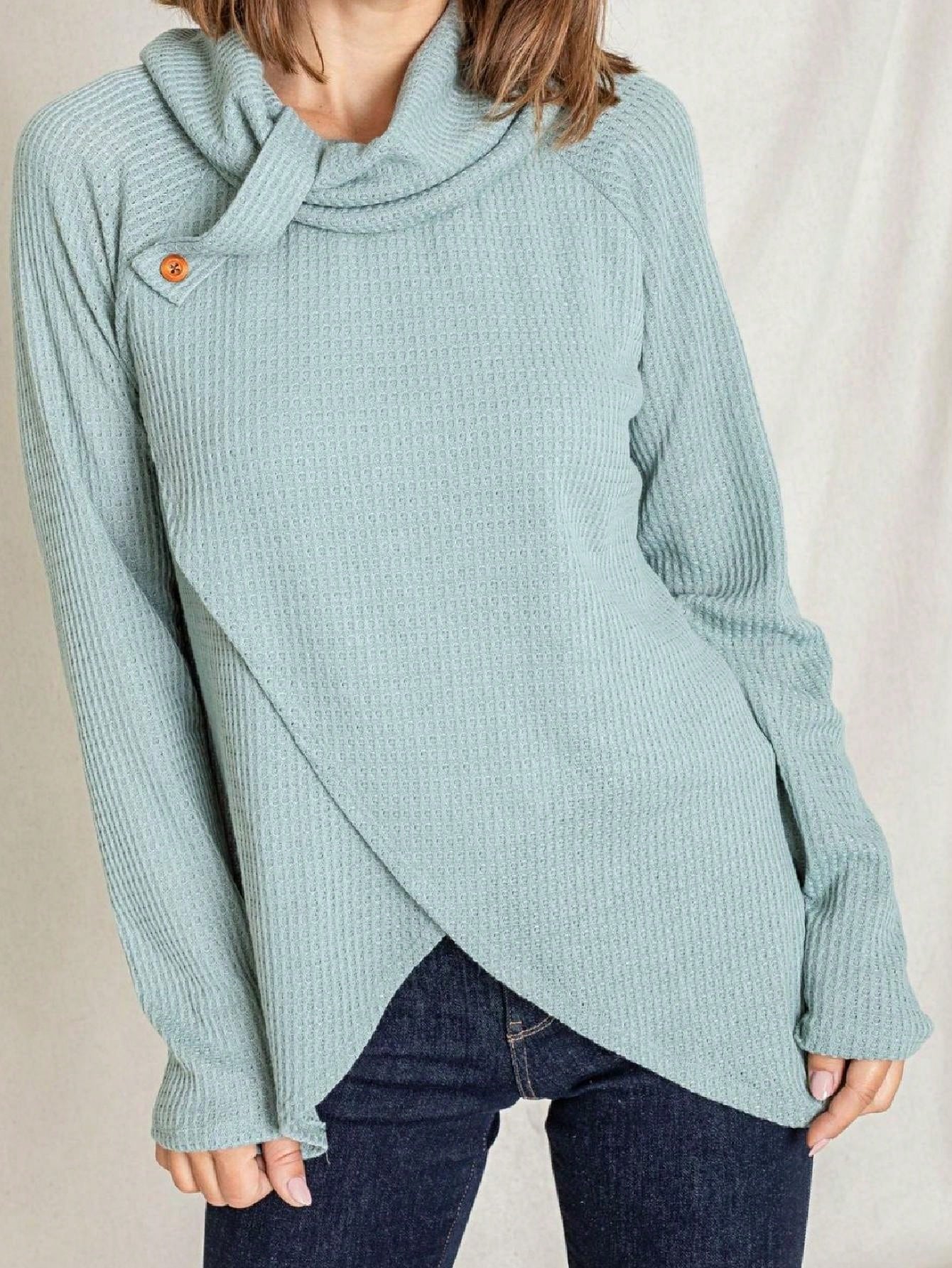 Boho Retro Solid Knit Button Turtle Neck Tulip Slit Tunic Top  Knit Top