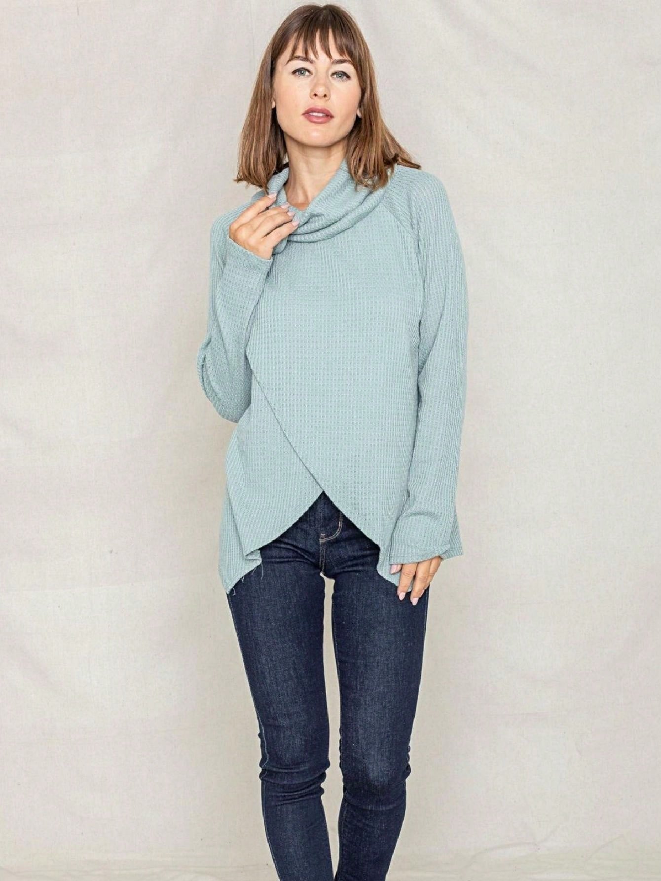 Boho Retro Solid Knit Button Turtle Neck Tulip Slit Tunic Top  Knit Top