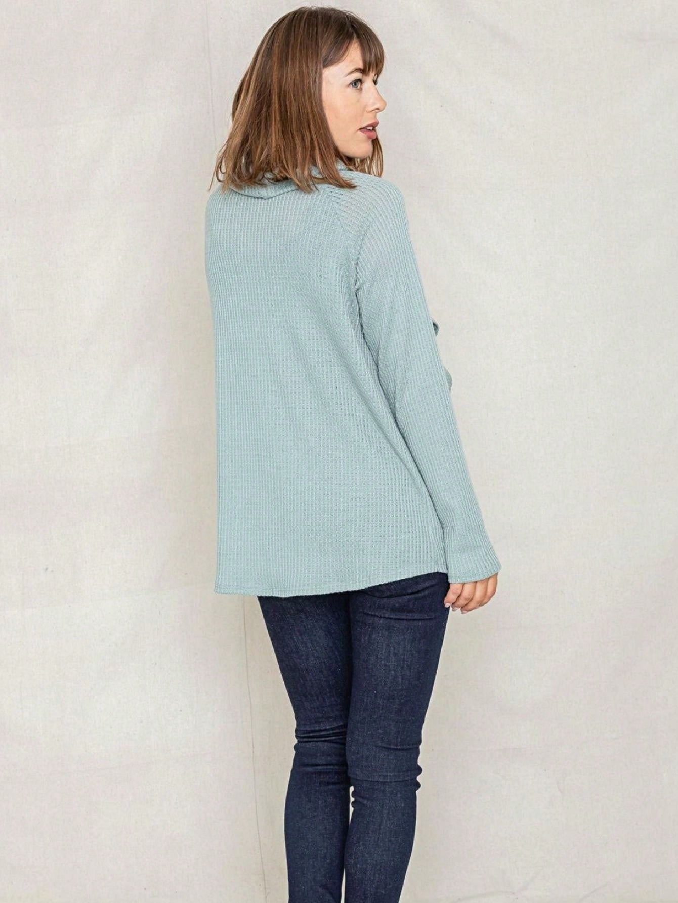 Boho Retro Solid Knit Button Turtle Neck Tulip Slit Tunic Top  Knit Top