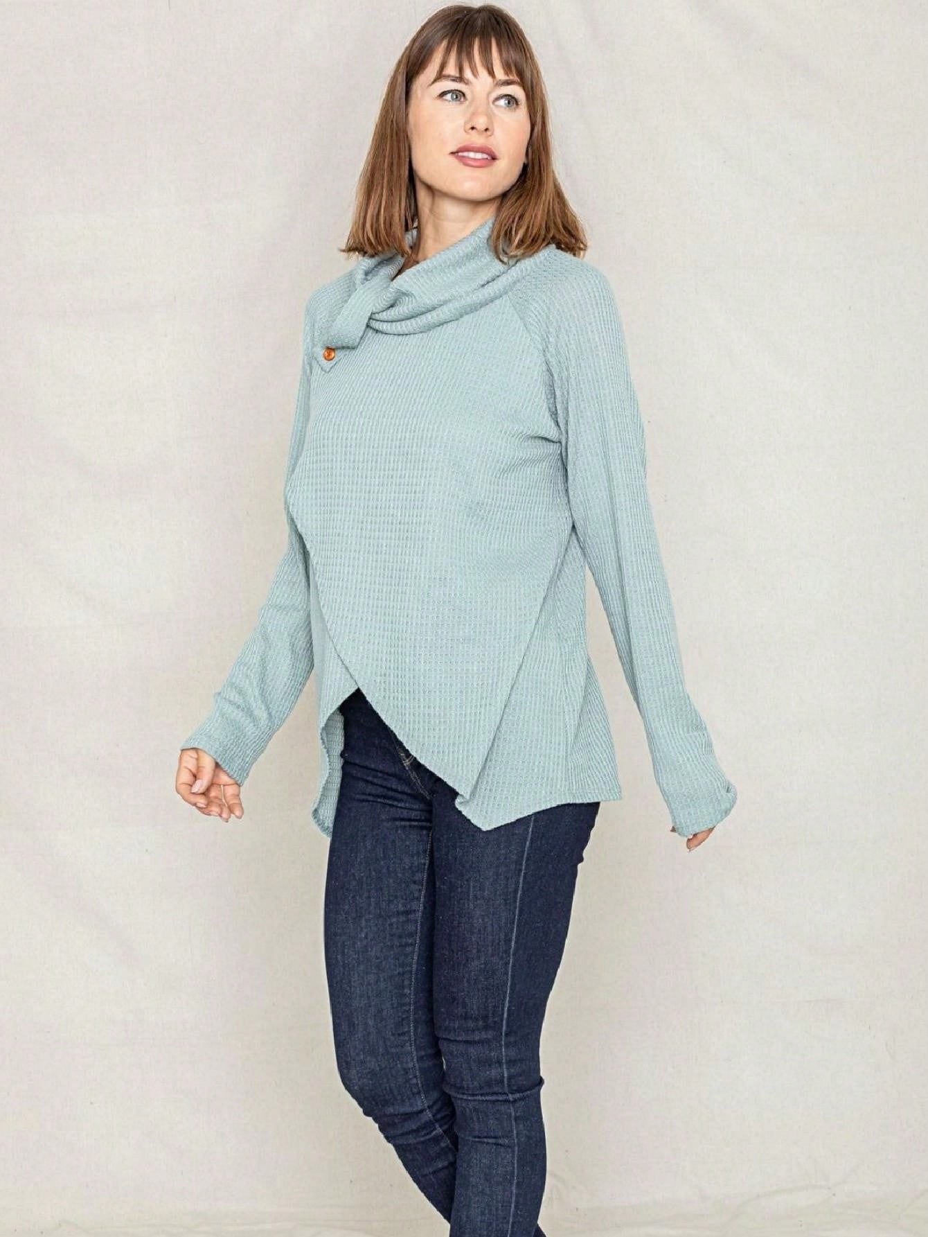 Boho Retro Solid Knit Button Turtle Neck Tulip Slit Tunic Top  Knit Top