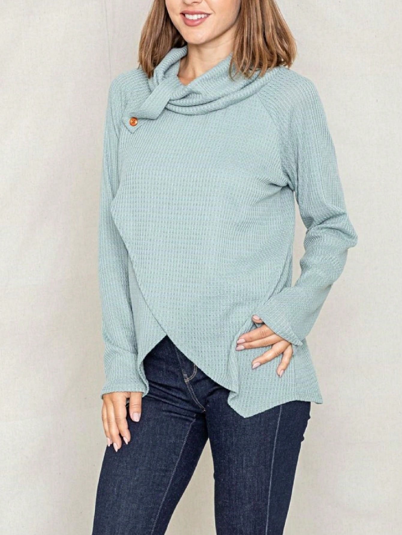 Boho Retro Solid Knit Button Turtle Neck Tulip Slit Tunic Top  Knit Top