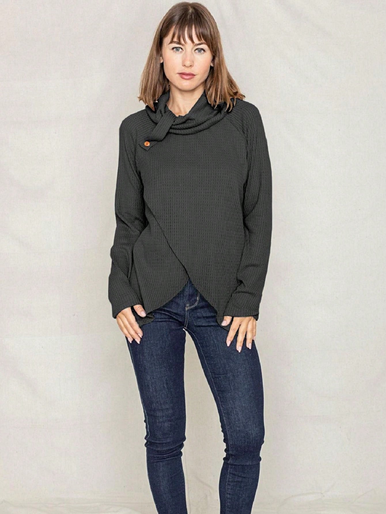 Boho Retro Solid Knit Button Turtle Neck Tulip Slit Tunic Top  Knit Top