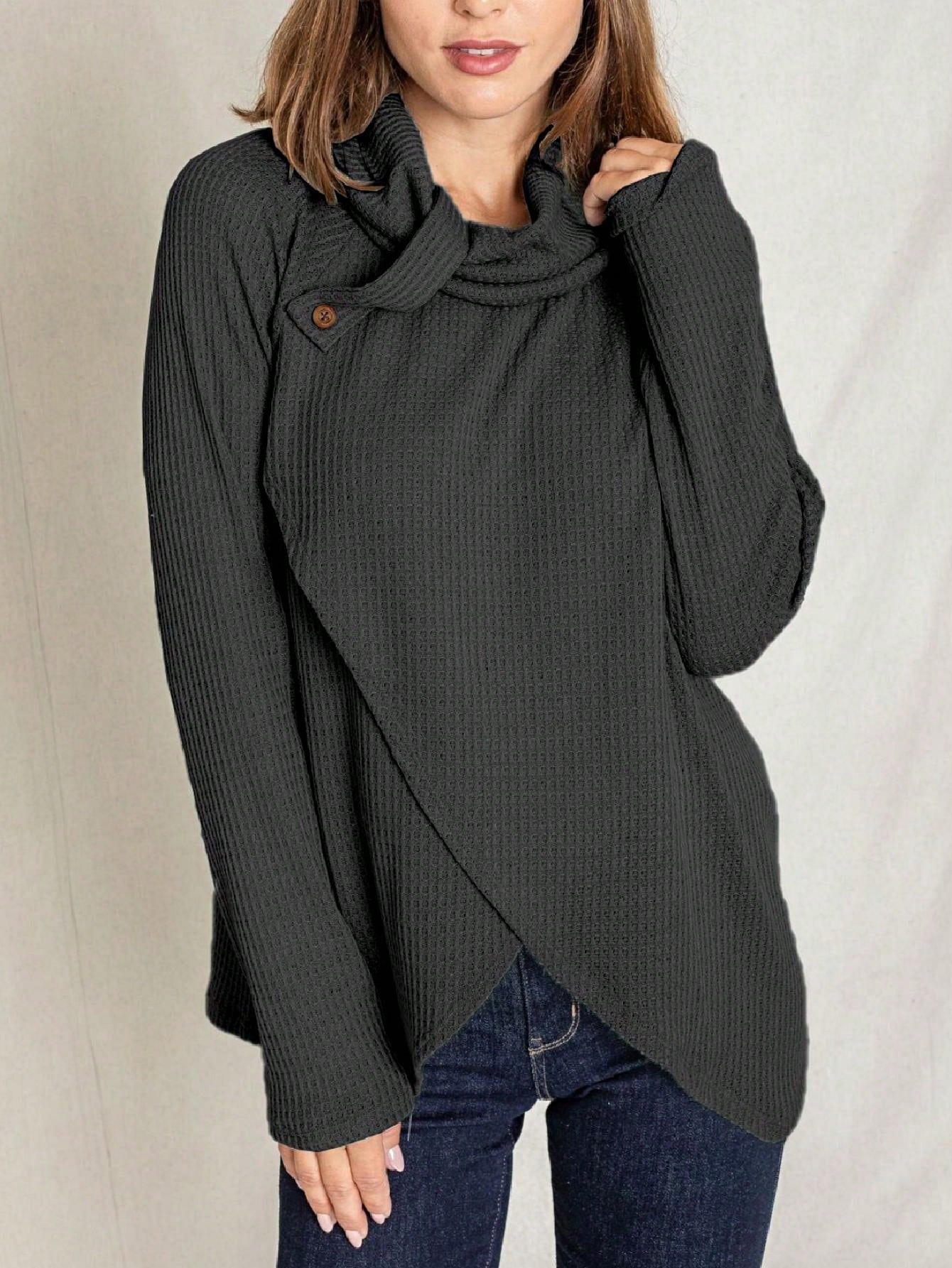 Boho Retro Solid Knit Button Turtle Neck Tulip Slit Tunic Top  Knit Top