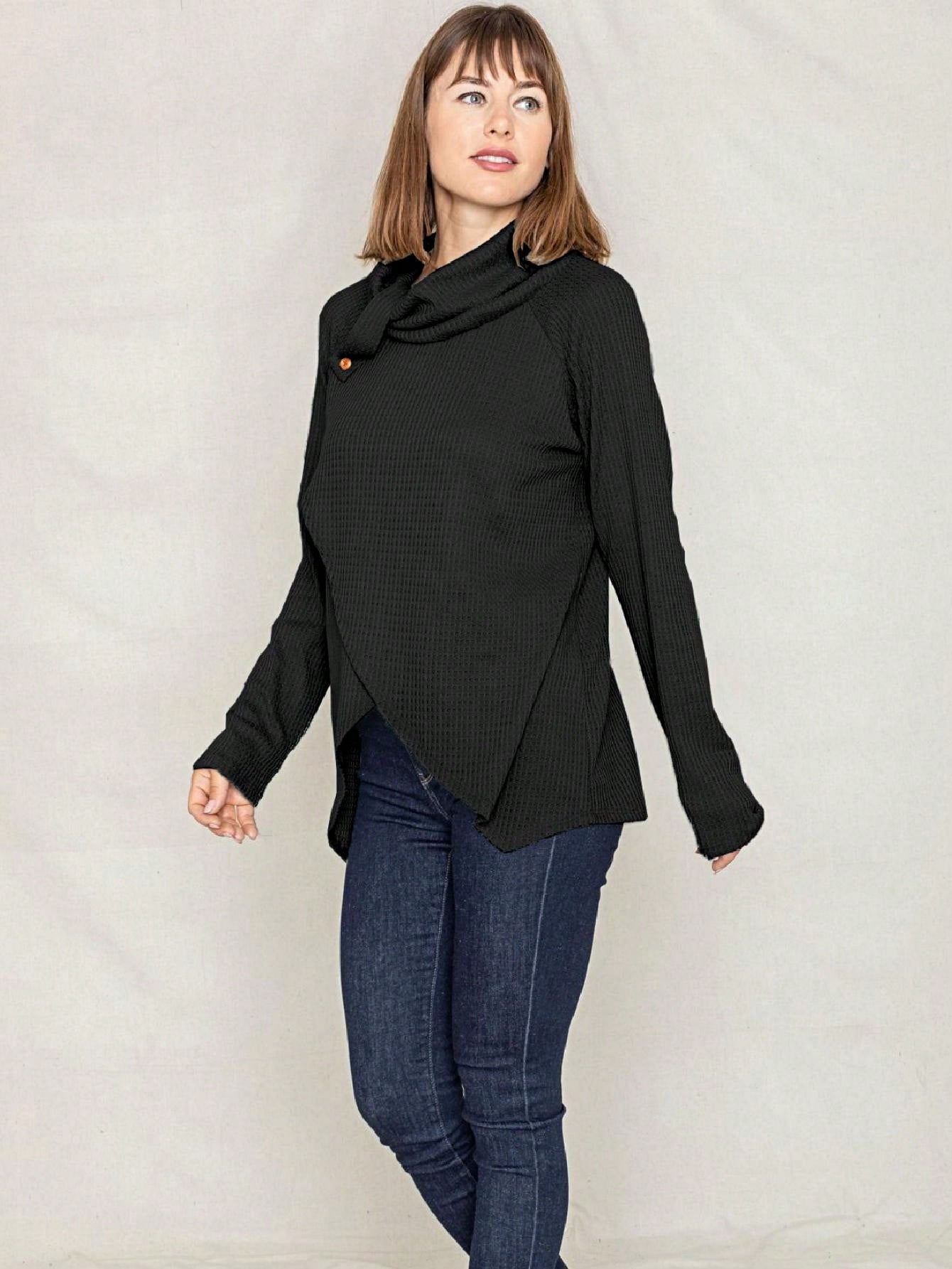 Boho Retro Solid Knit Button Turtle Neck Tulip Slit Tunic Top  Knit Top