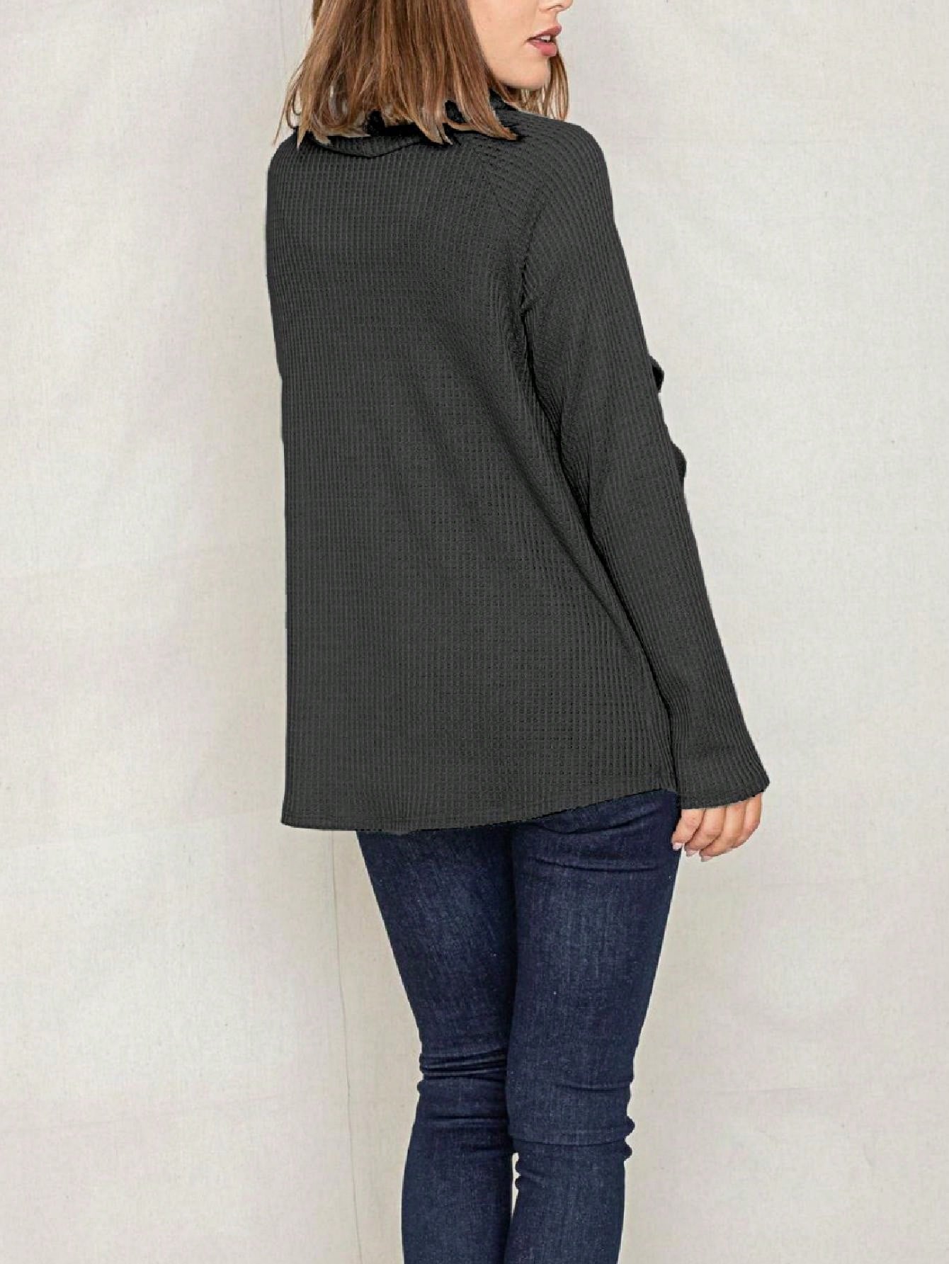 Boho Retro Solid Knit Button Turtle Neck Tulip Slit Tunic Top  Knit Top