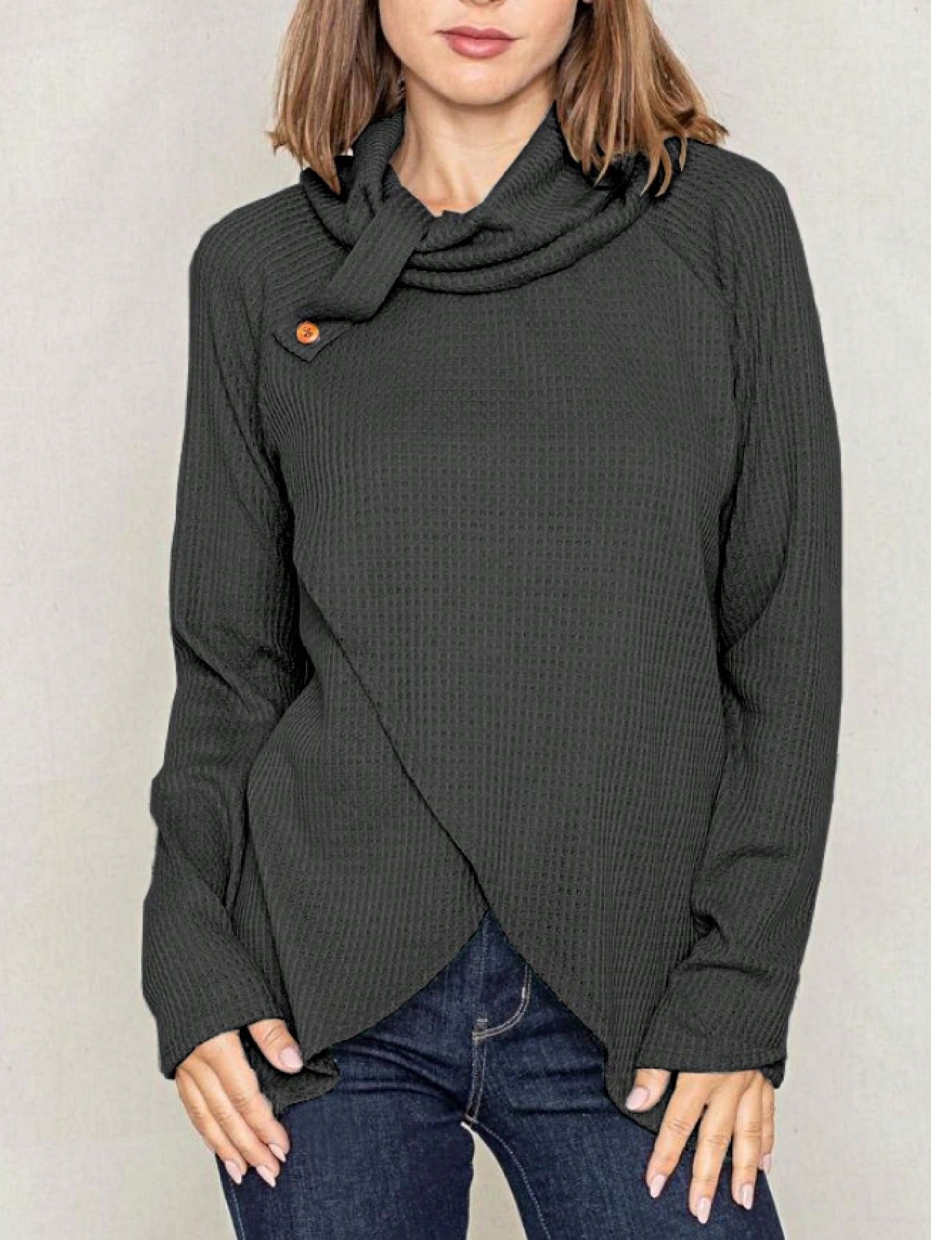 Boho Retro Solid Knit Button Turtle Neck Tulip Slit Tunic Top  Knit Top