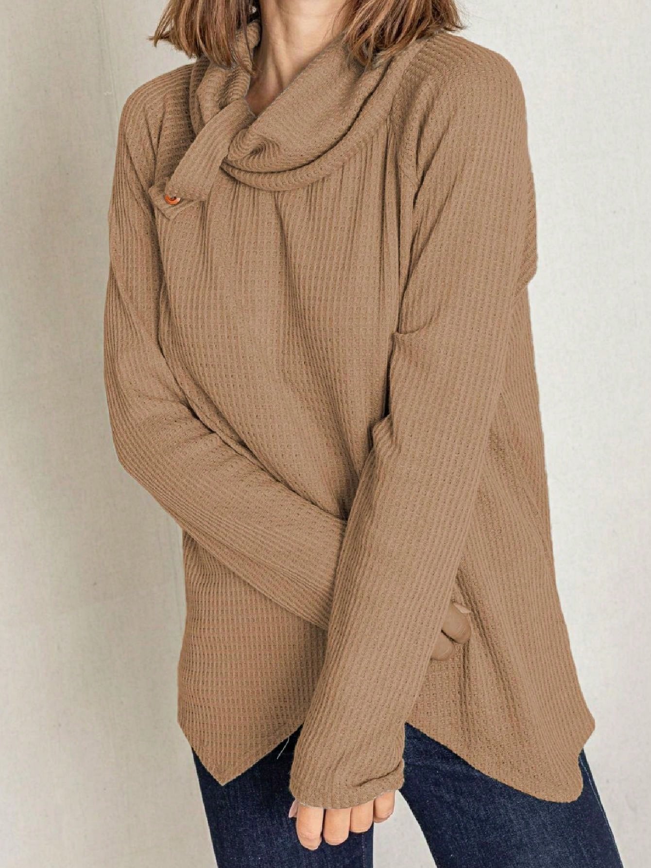 Boho Retro Solid Knit Button Turtle Neck Tulip Slit Tunic Top  Knit Top