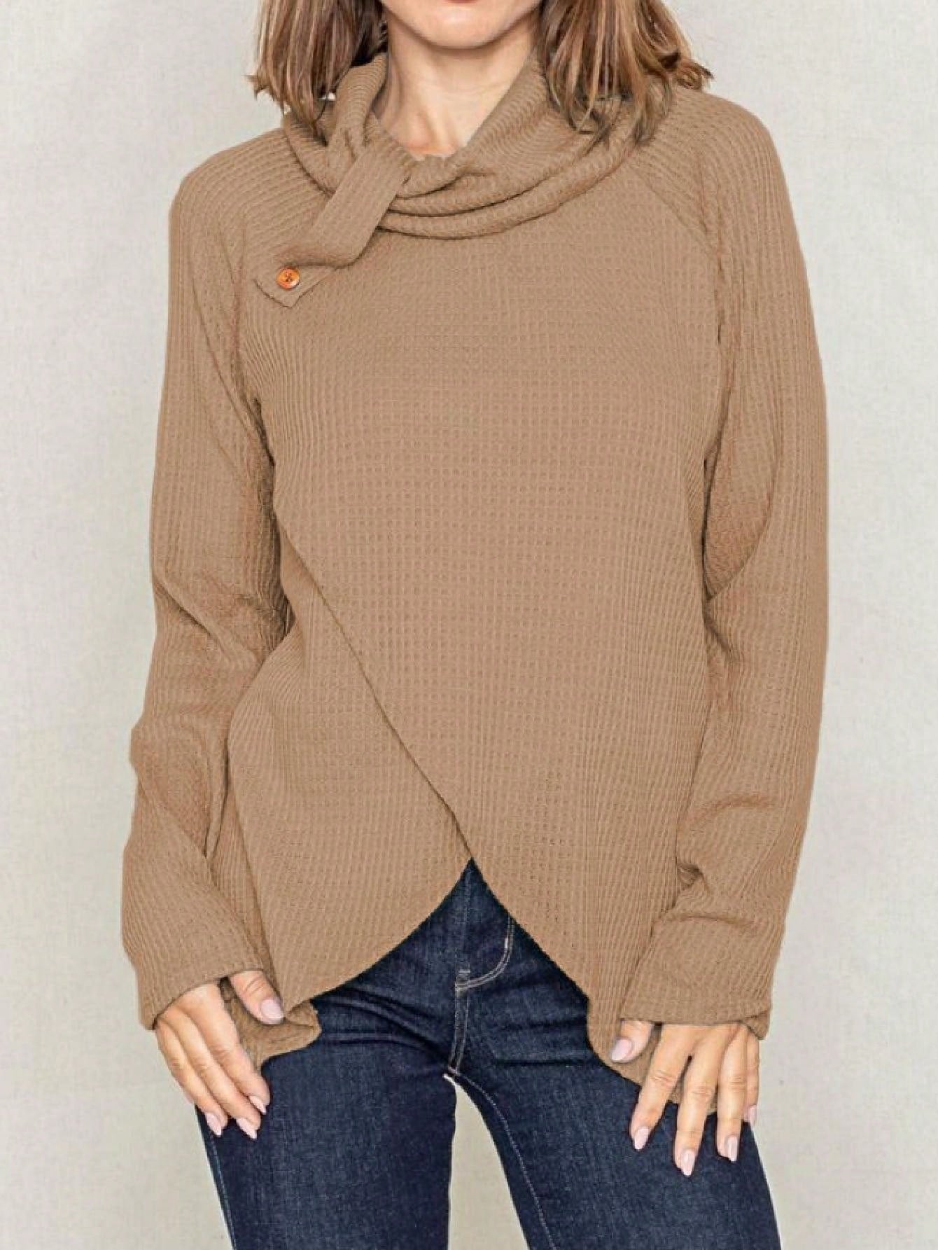Boho Retro Solid Knit Button Turtle Neck Tulip Slit Tunic Top  Knit Top