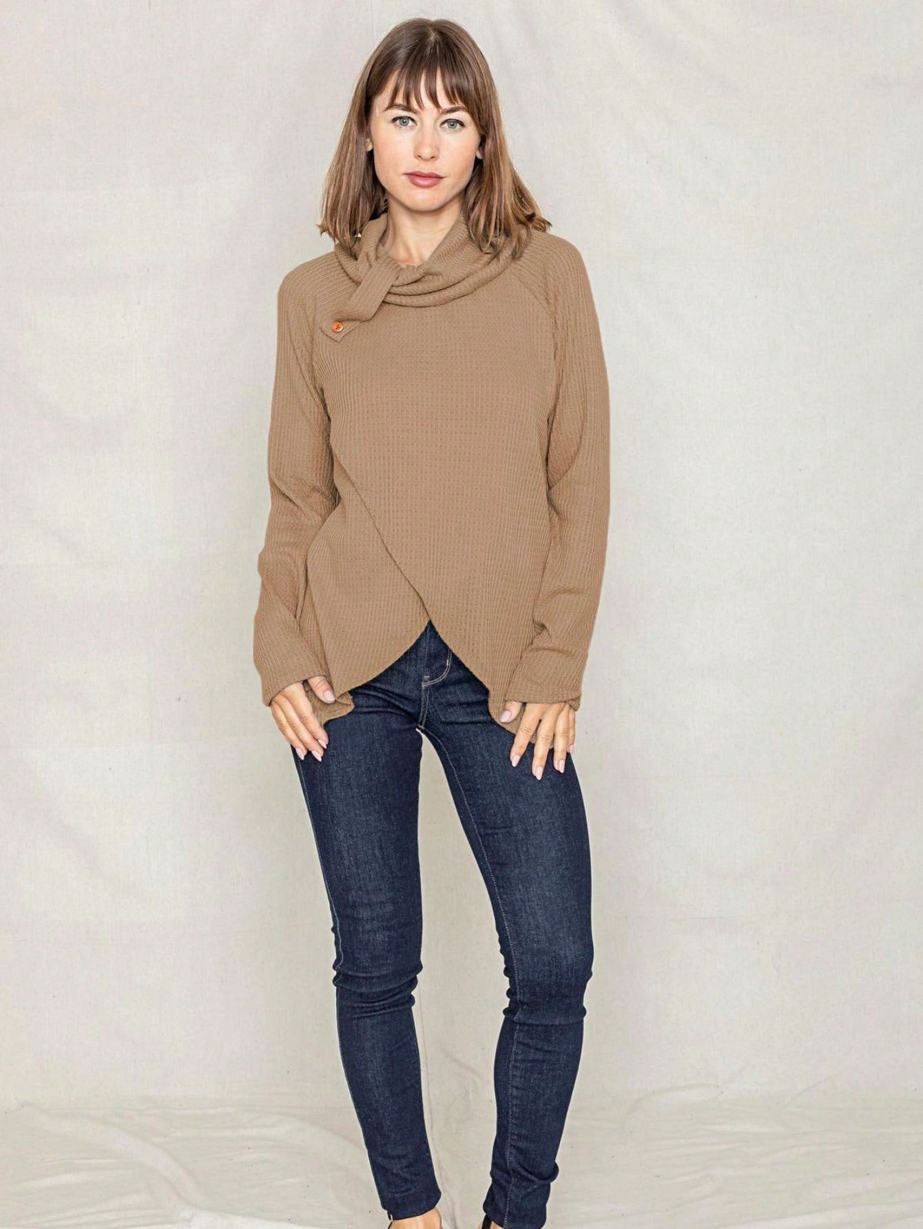 Boho Retro Solid Knit Button Turtle Neck Tulip Slit Tunic Top  Knit Top
