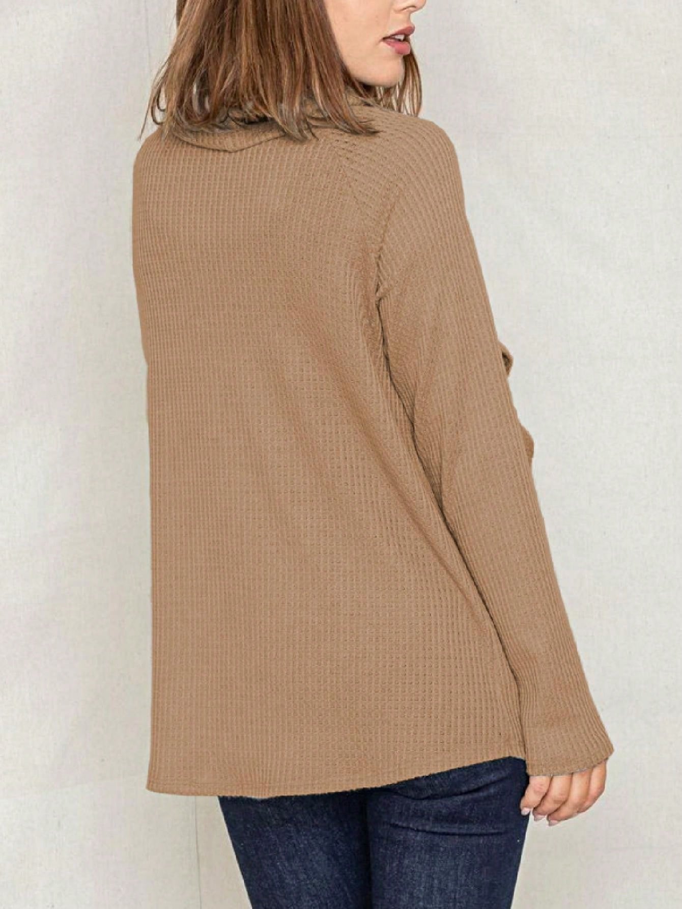Boho Retro Solid Knit Button Turtle Neck Tulip Slit Tunic Top  Knit Top