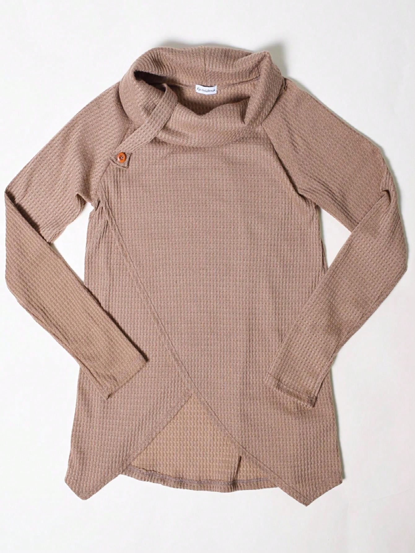 Boho Retro Solid Knit Button Turtle Neck Tulip Slit Tunic Top  Knit Top