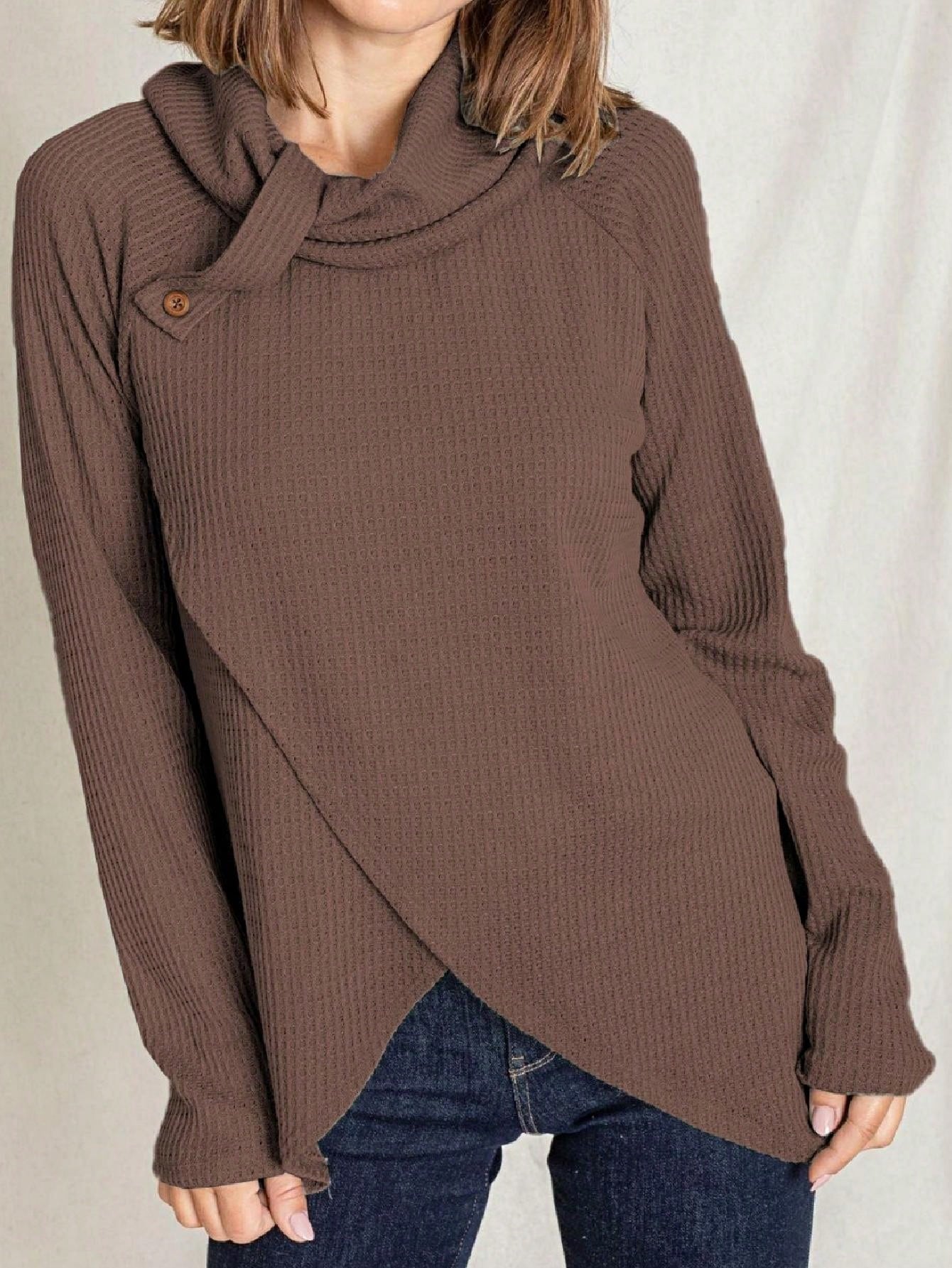 Boho Retro Solid Knit Button Turtle Neck Tulip Slit Tunic Top  Knit Top