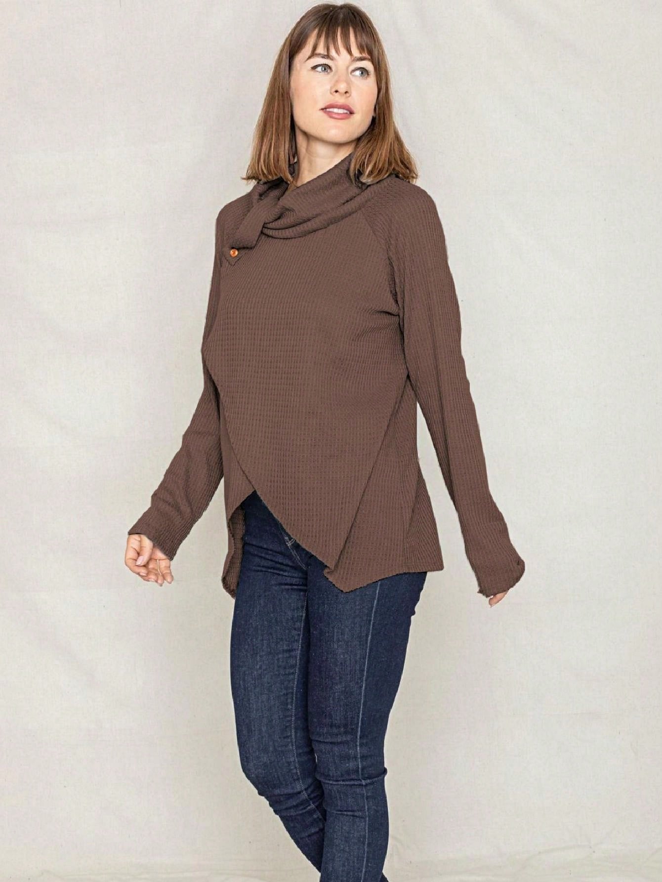 Boho Retro Solid Knit Button Turtle Neck Tulip Slit Tunic Top  Knit Top