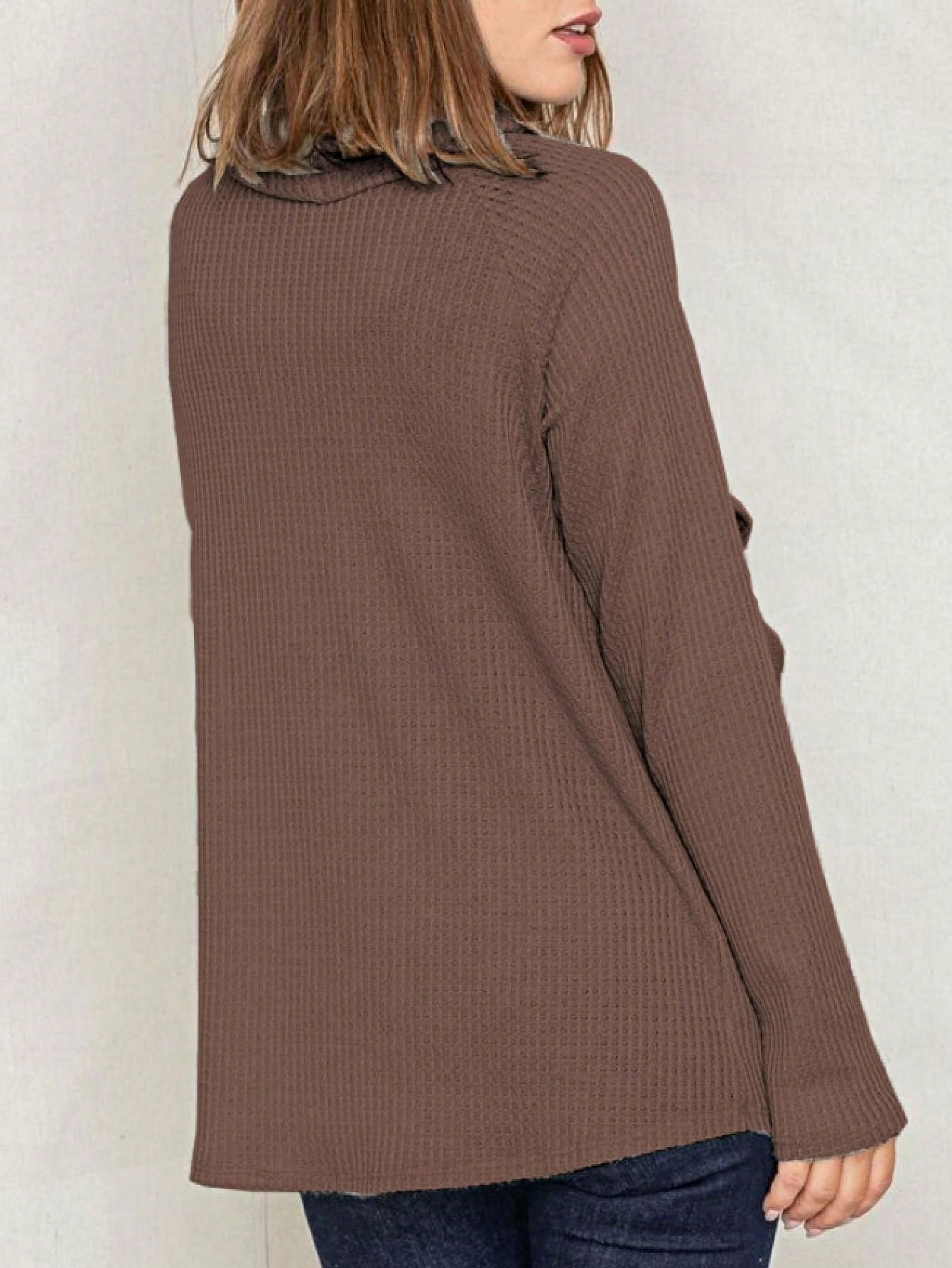 Boho Retro Solid Knit Button Turtle Neck Tulip Slit Tunic Top  Knit Top