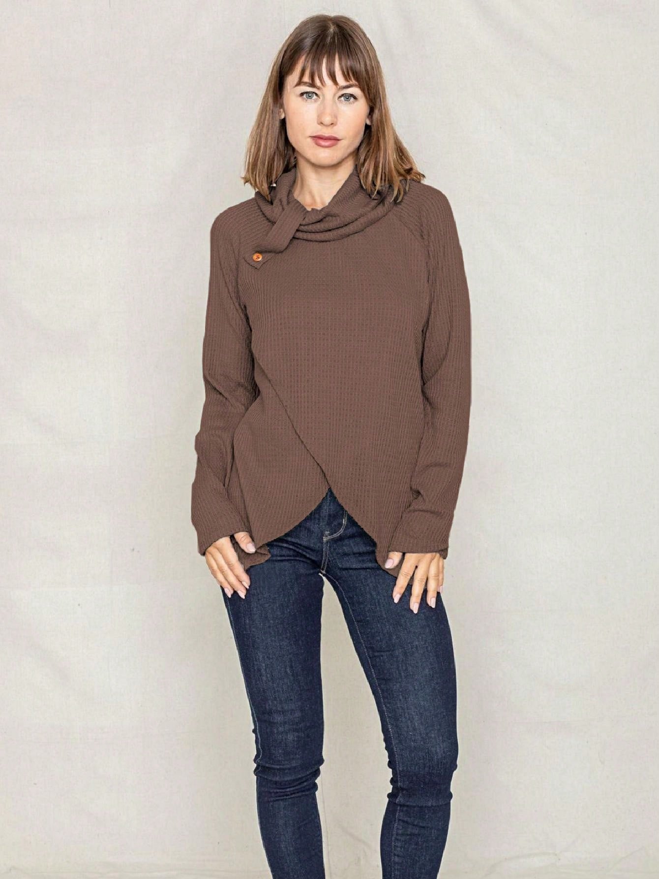 Boho Retro Solid Knit Button Turtle Neck Tulip Slit Tunic Top  Knit Top