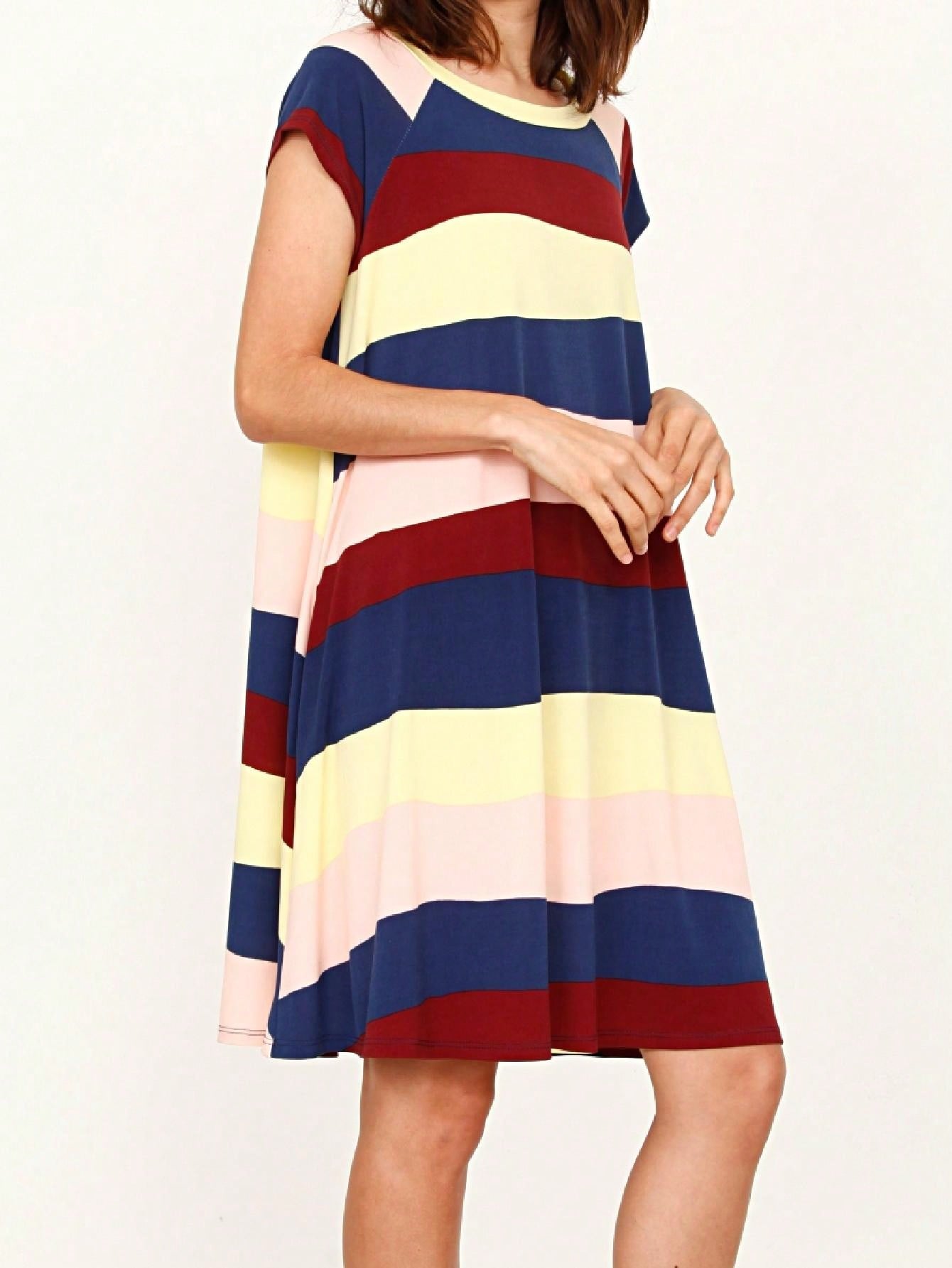 Boho Retro Classic Cap Sleeve Raglan Contrast  Stripe Green Red Navy Pink Grey Tunic Dress