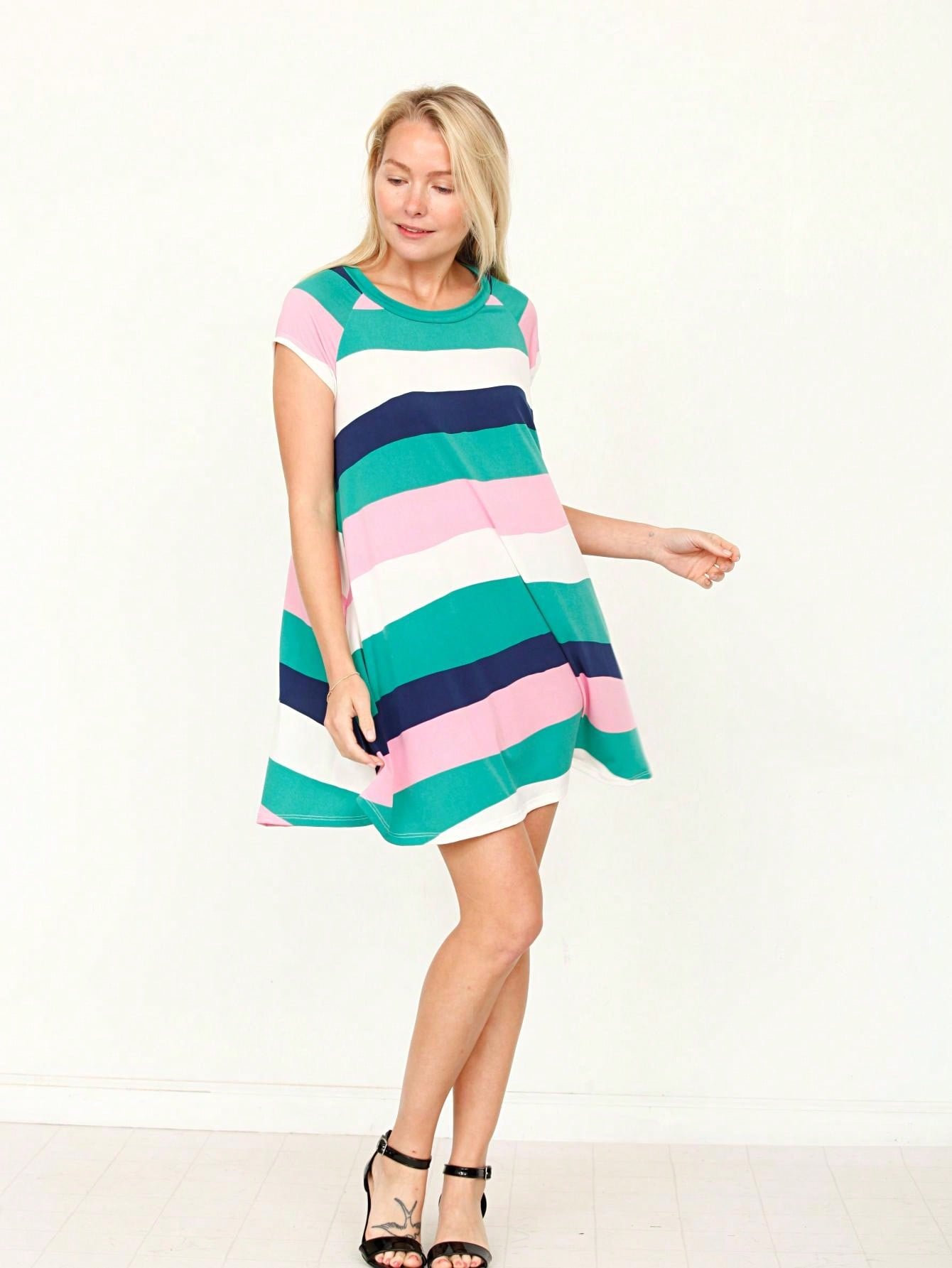 Boho Retro Classic Cap Sleeve Raglan Contrast  Stripe Green Red Navy Pink Grey Tunic Dress