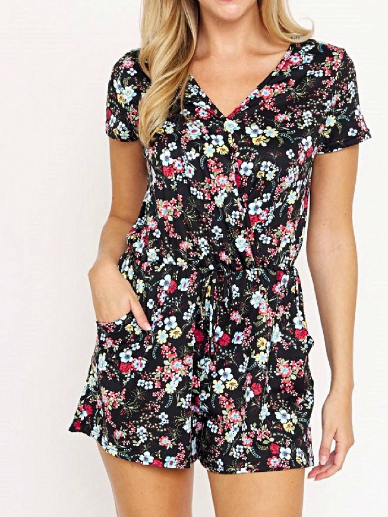 Boho Retro Casual Animal Floral Leopard  Print Pink Brown Grey White Ivory  Romper Short Sleeve V-Neck Surplice Jumpsuit